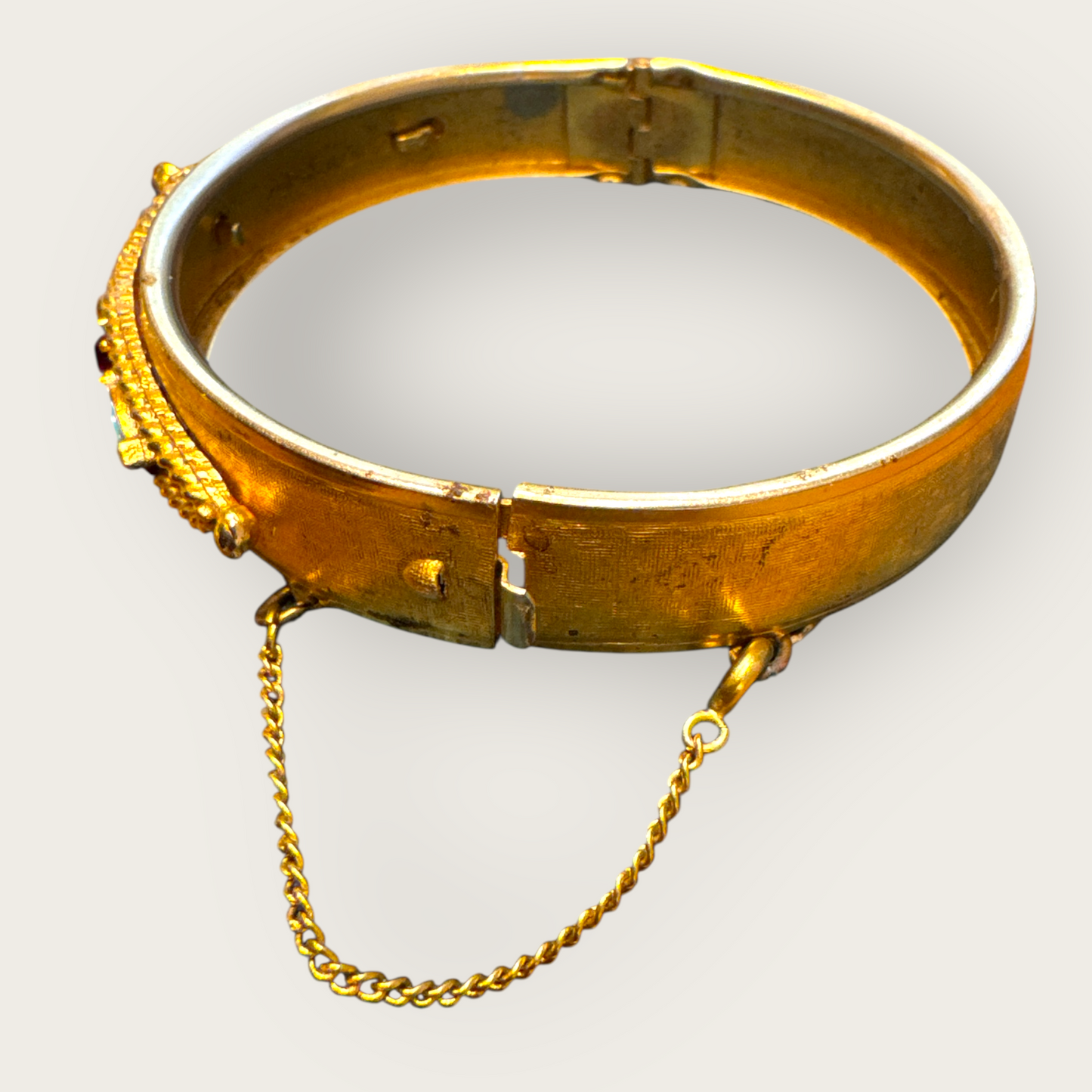 Vintage Florenza Hinged Bangle Bracelet with Glass Turquoise and Red Rhinestones