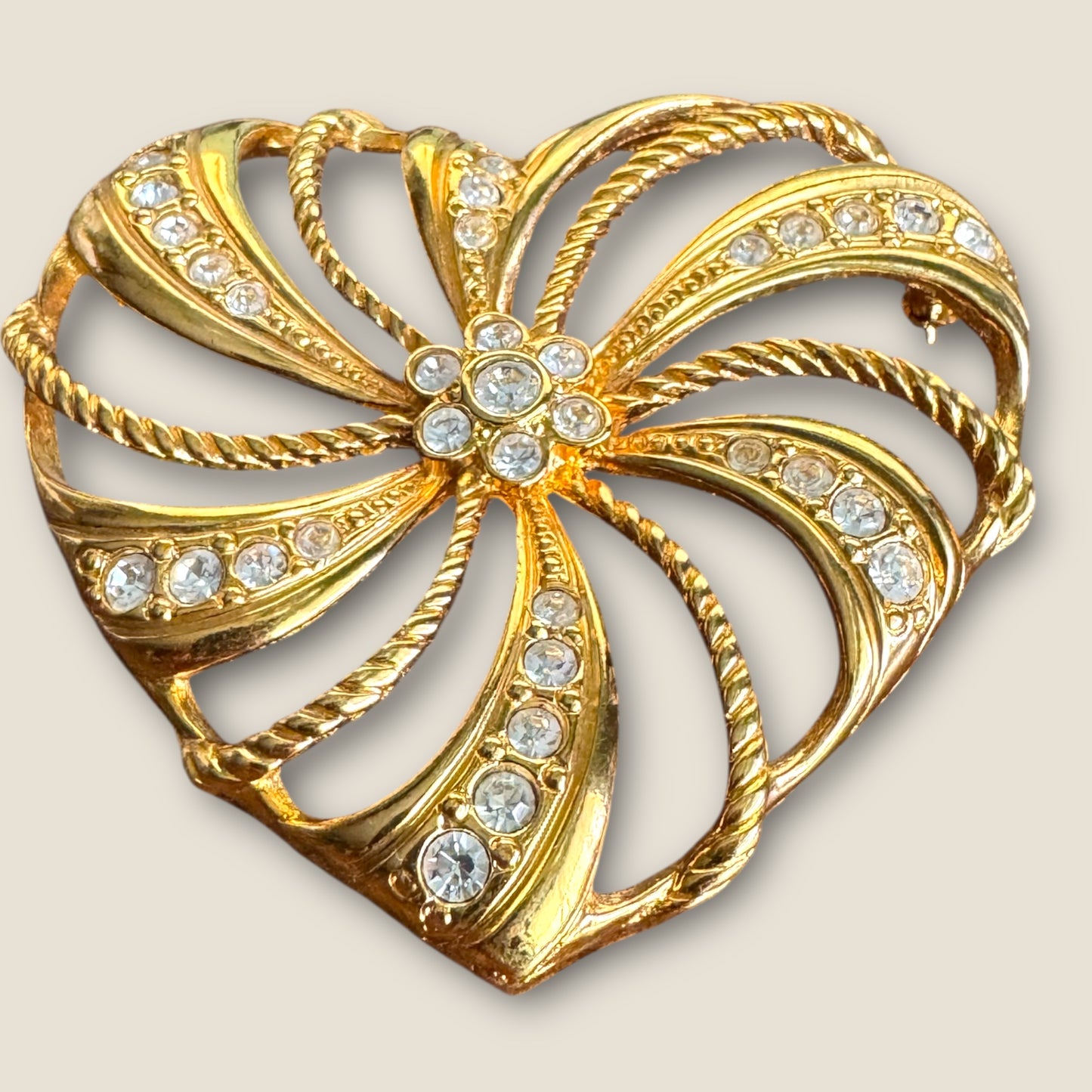 Vintage Avon Heart Brooch with Rhinestones – Gold Tone, Signed, 2.5 Inches