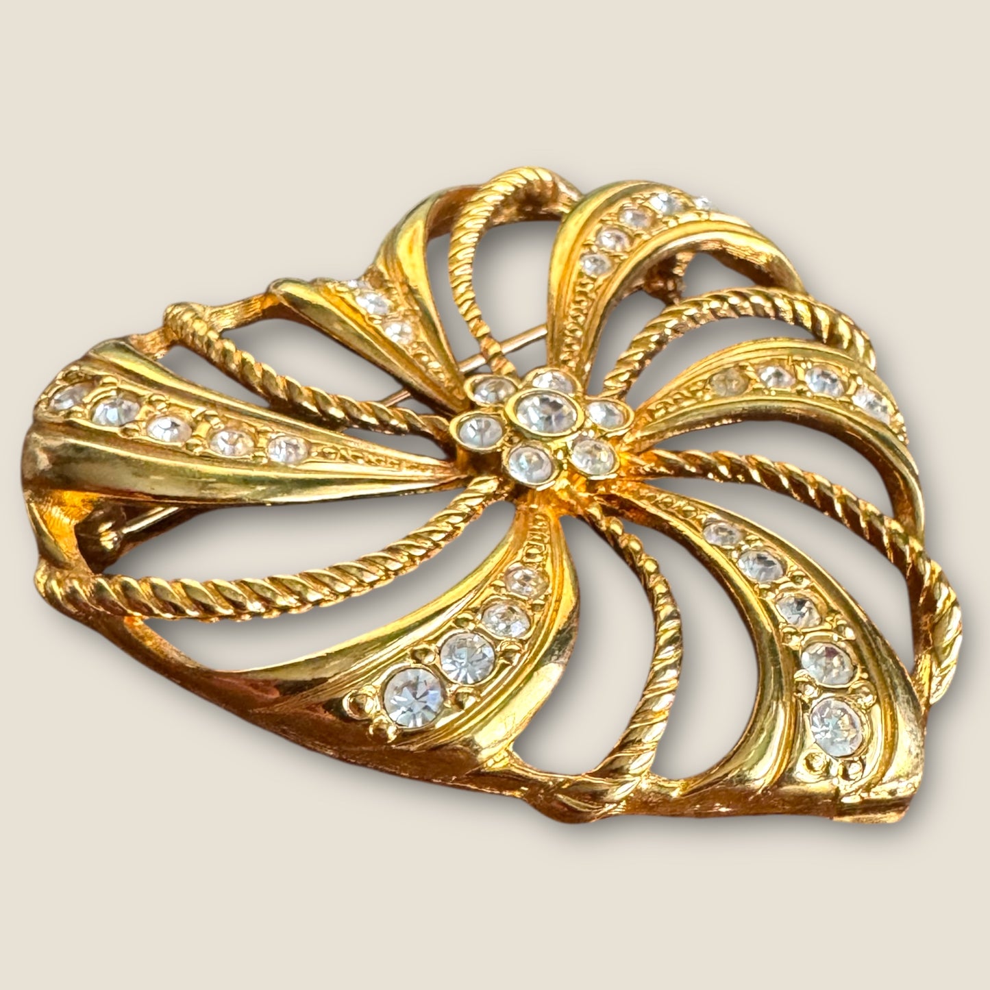 Vintage Avon Heart Brooch with Rhinestones – Gold Tone, Signed, 2.5 Inches