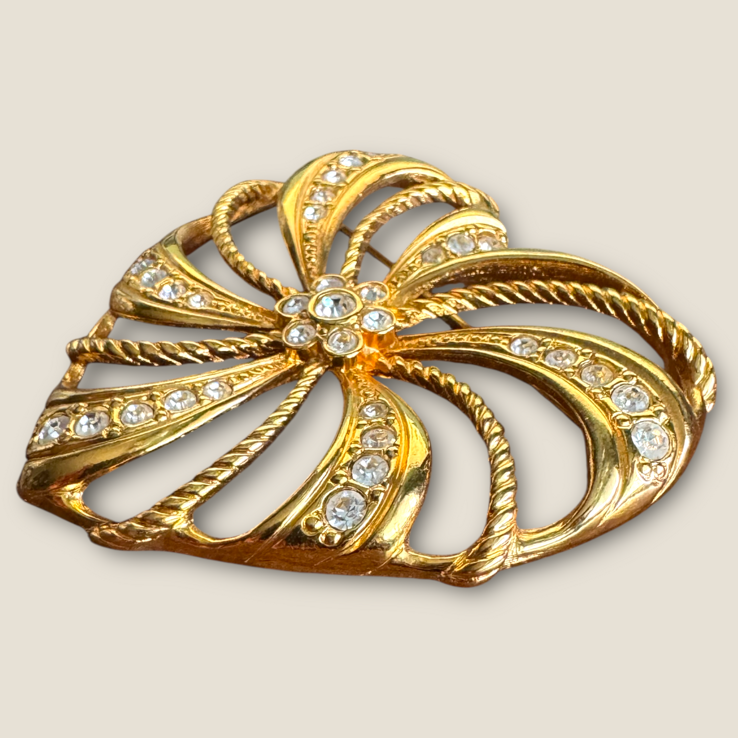 Vintage Avon Heart Brooch with Rhinestones – Gold Tone, Signed, 2.5 Inches