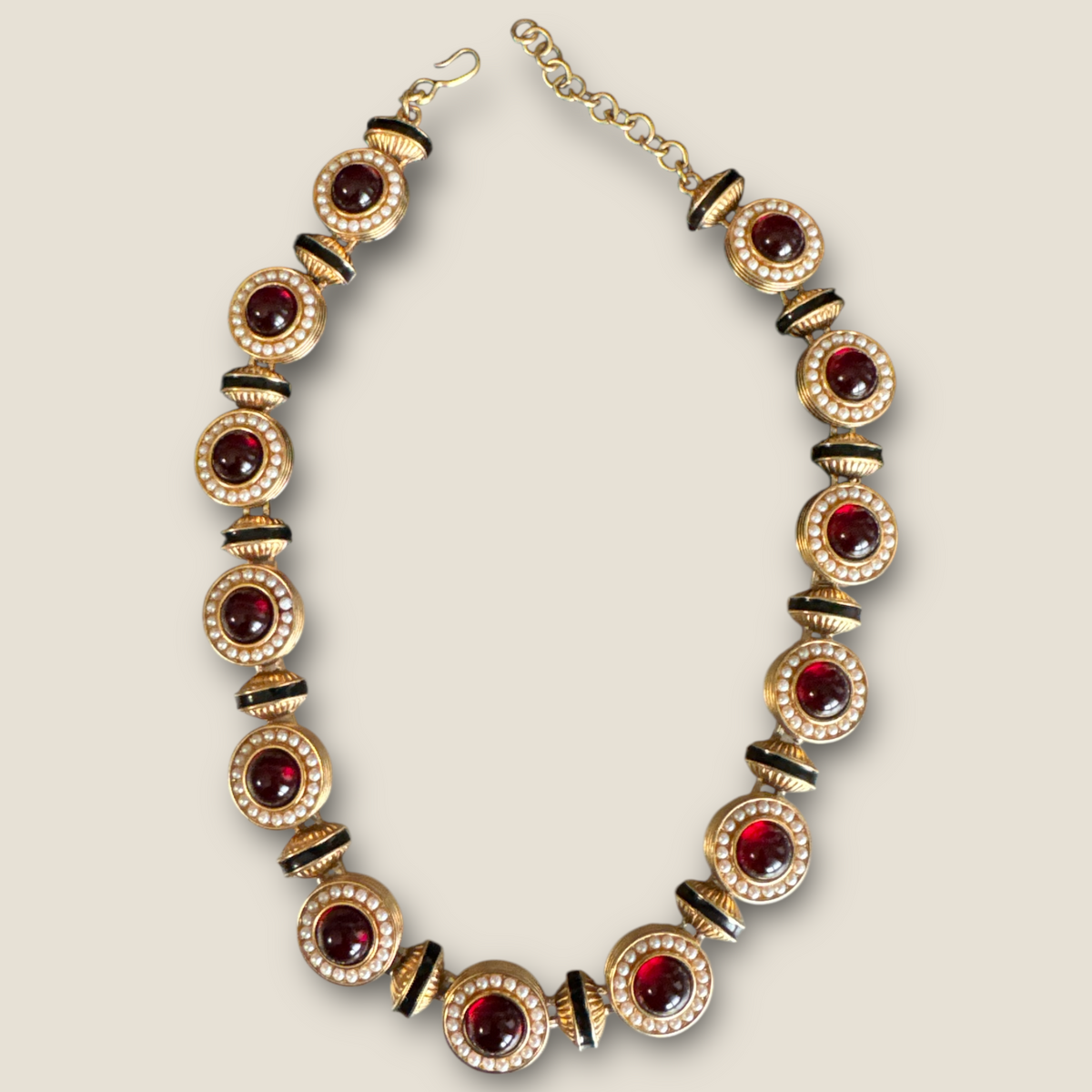 Vintage Monet Gripoix-Style Red Cabochon & Faux Pearl Statement Collar Necklace — Black Enamel, Signed