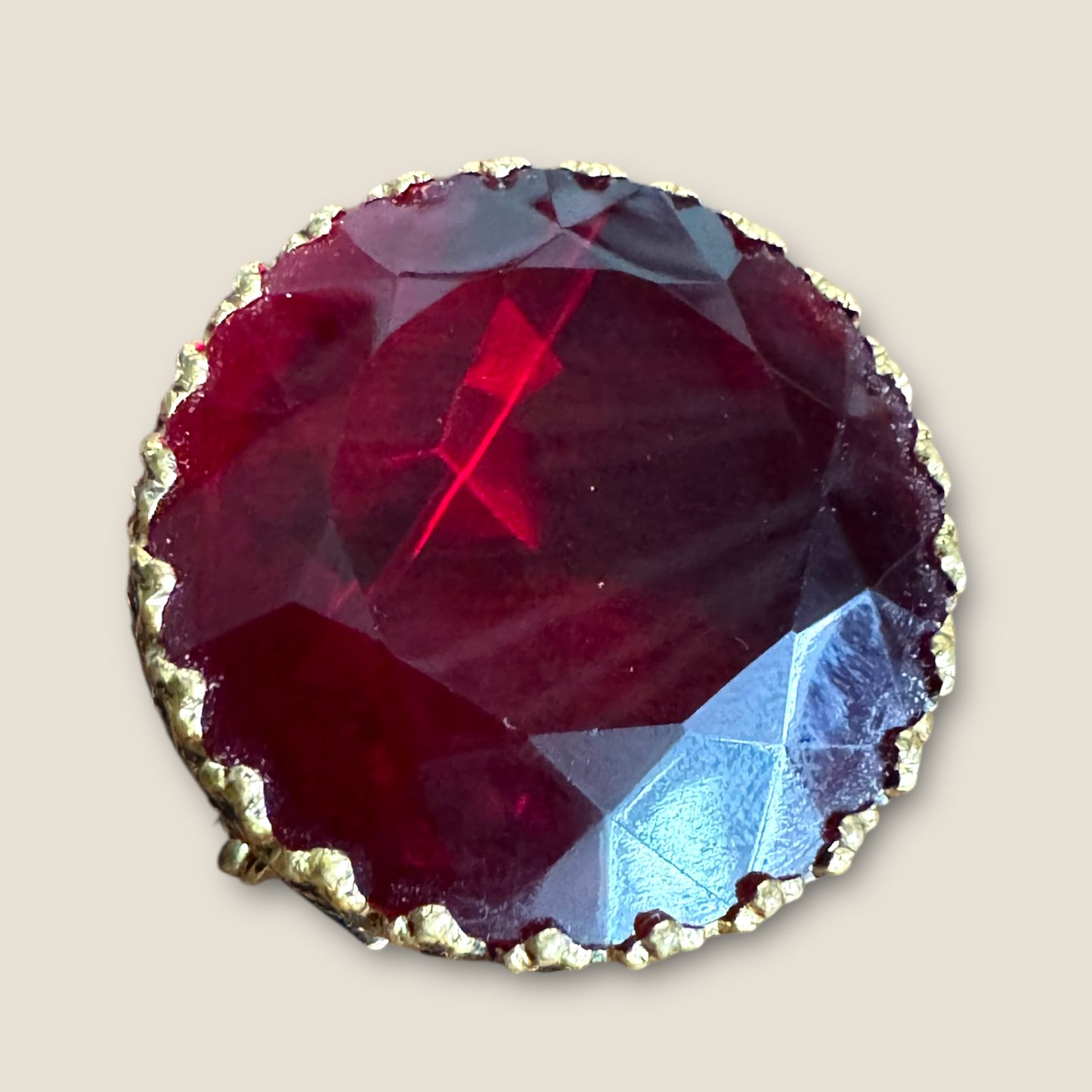 Vintage Western Germany Ruby Red Glass Brooch – Faceted Gold-Tone Pin, 1950s