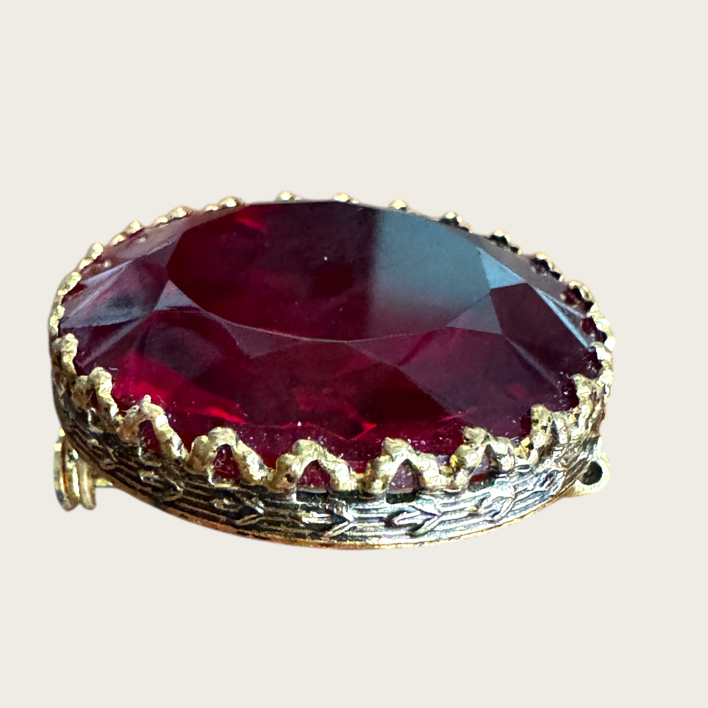 Vintage Western Germany Ruby Red Glass Brooch – Faceted Gold-Tone Pin, 1950s