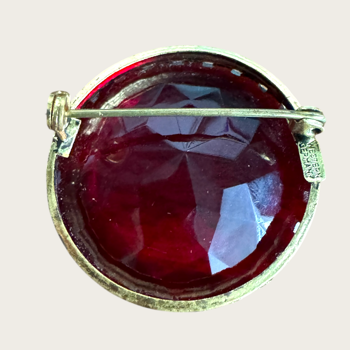 Vintage Western Germany Ruby Red Glass Brooch – Faceted Gold-Tone Pin, 1950s