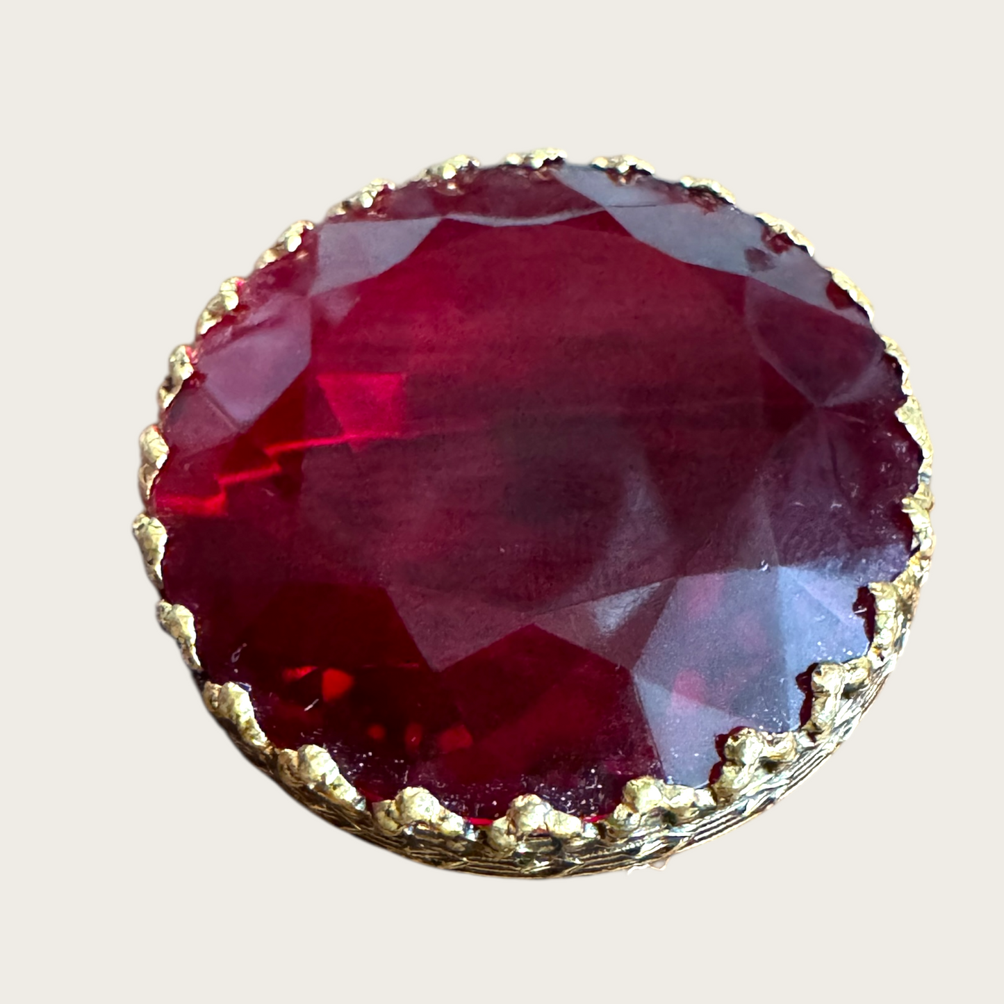 Vintage Western Germany Ruby Red Glass Brooch – Faceted Gold-Tone Pin, 1950s