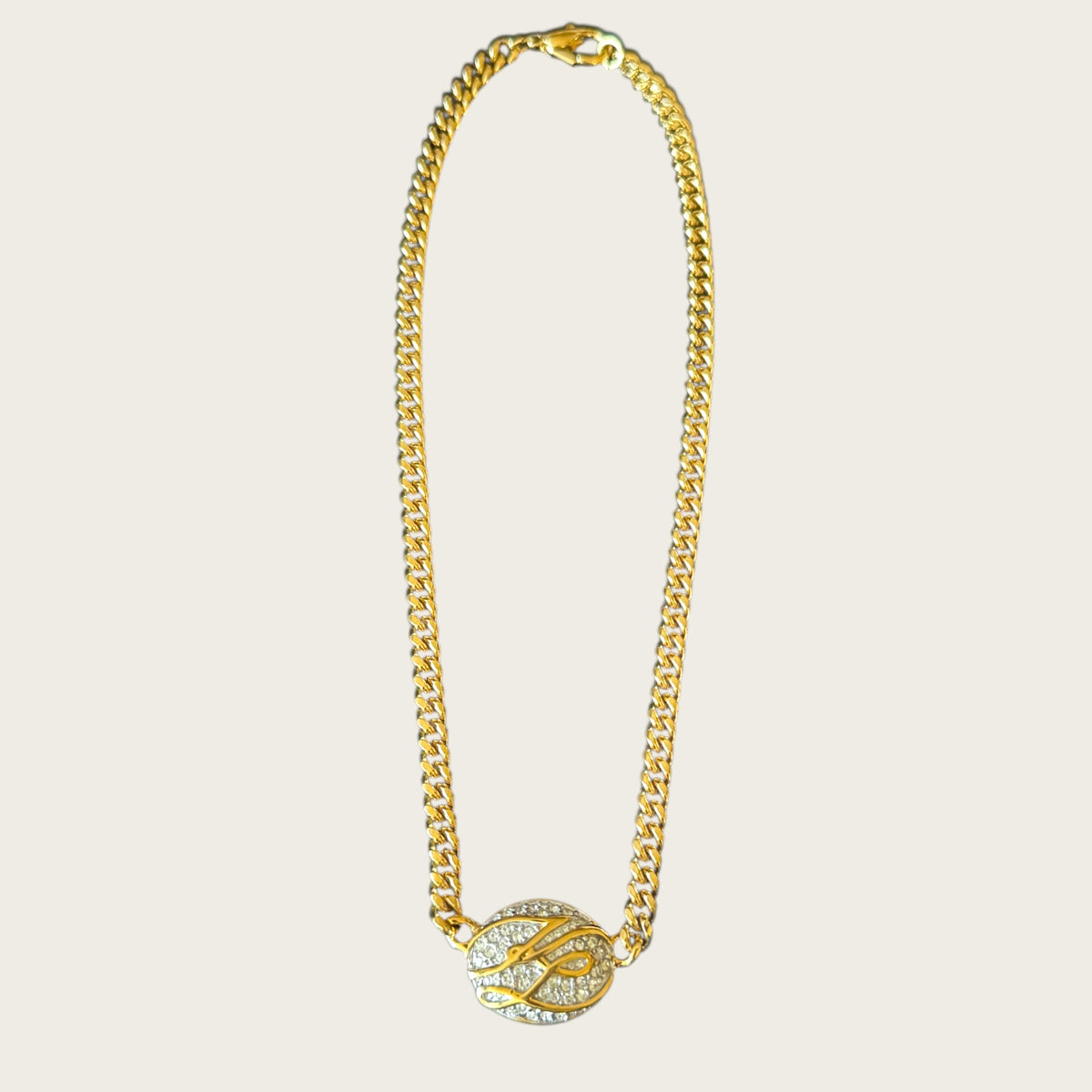 Karl Lagerfeld 1980s Pavé “KL” Medallion Necklace – Signed Gold-Tone Curb Chain