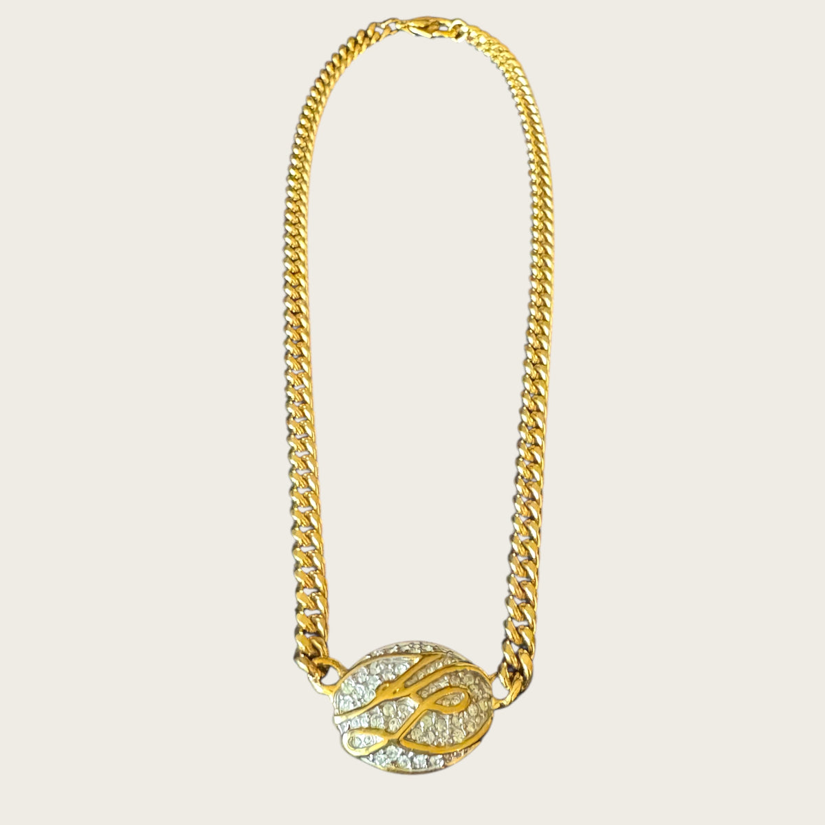 Karl Lagerfeld 1980s Pavé “KL” Medallion Necklace – Signed Gold-Tone Curb Chain