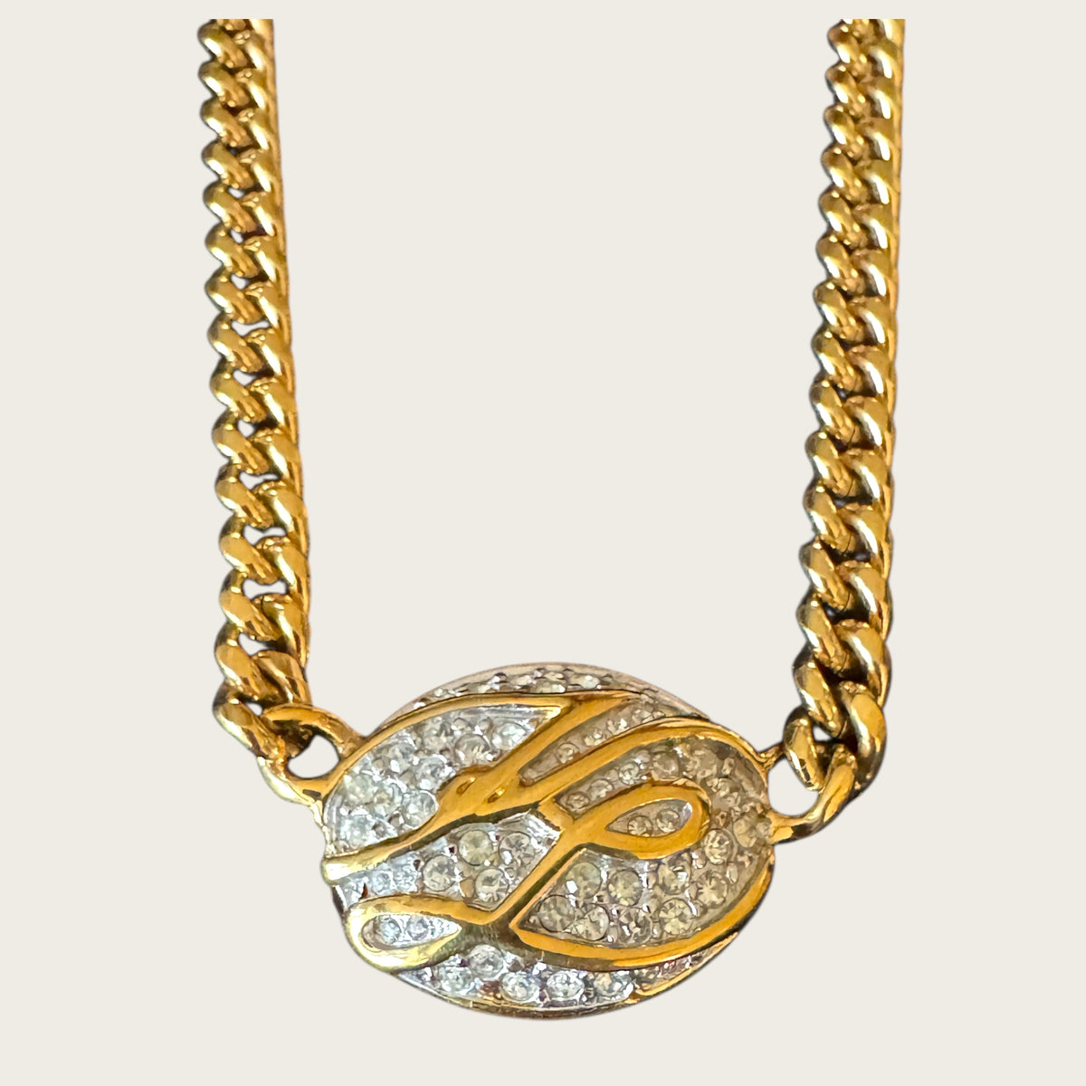 Karl Lagerfeld 1980s Pavé “KL” Medallion Necklace – Signed Gold-Tone Curb Chain