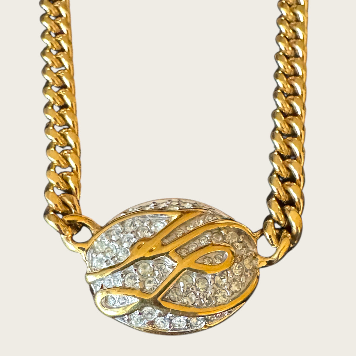 Karl Lagerfeld 1980s Pavé “KL” Medallion Necklace – Signed Gold-Tone Curb Chain
