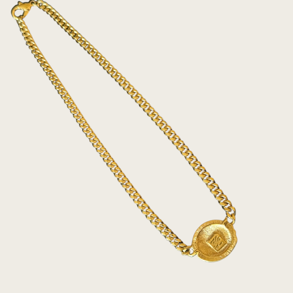 Karl Lagerfeld 1980s Pavé “KL” Medallion Necklace – Signed Gold-Tone Curb Chain