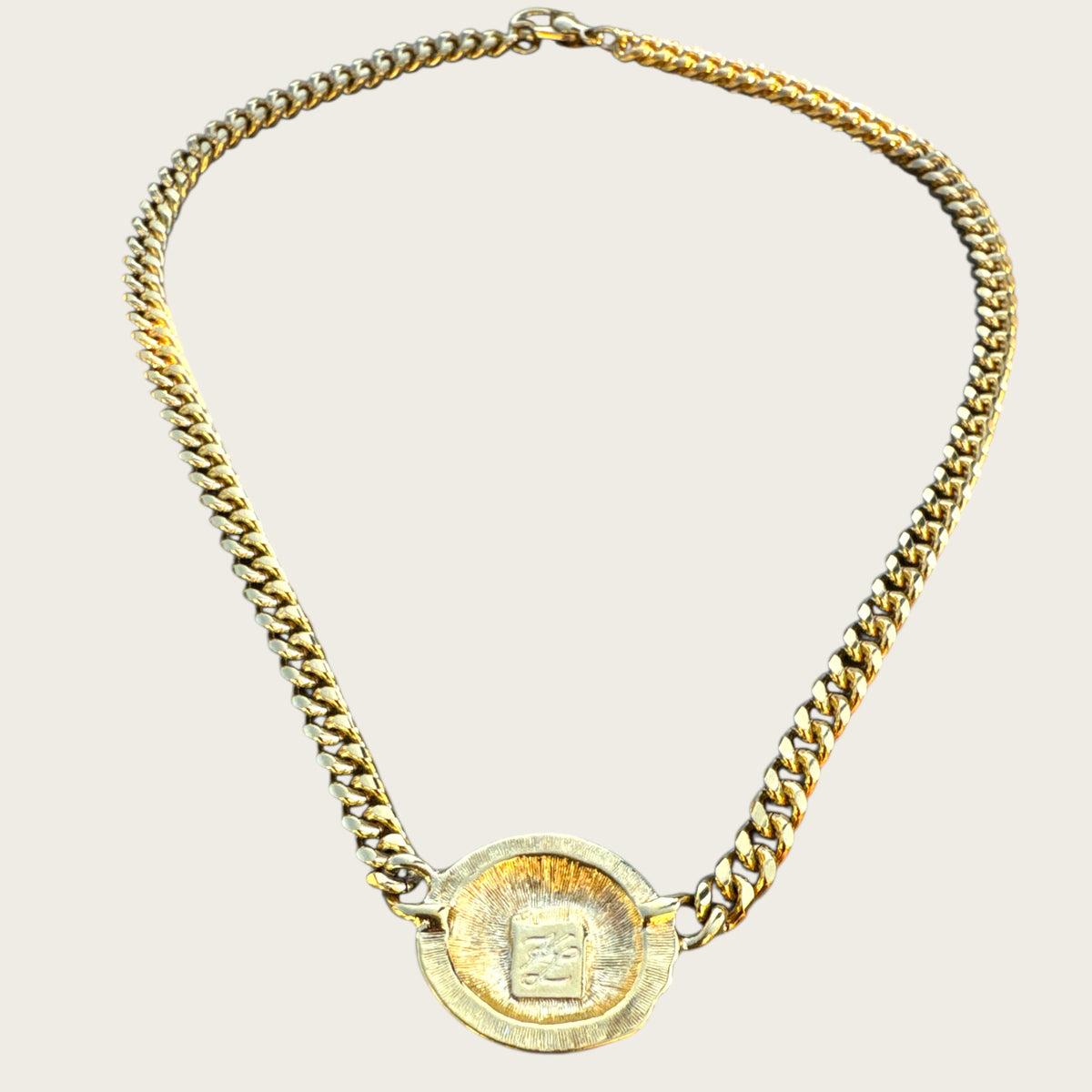 Karl Lagerfeld 1980s Pavé “KL” Medallion Necklace – Signed Gold-Tone Curb Chain