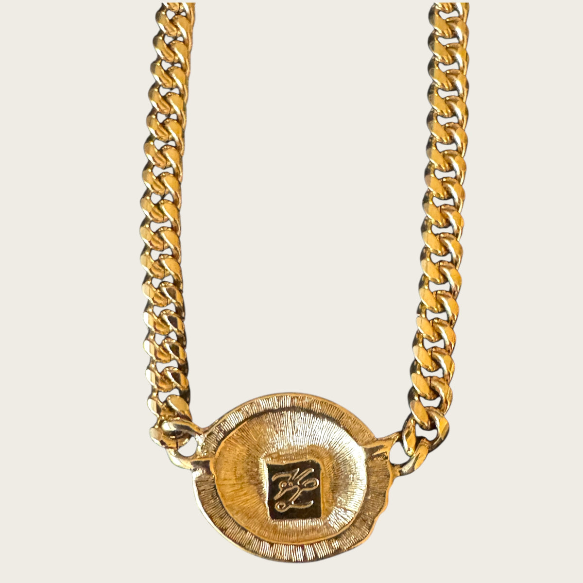 Karl Lagerfeld 1980s Pavé “KL” Medallion Necklace – Signed Gold-Tone Curb Chain