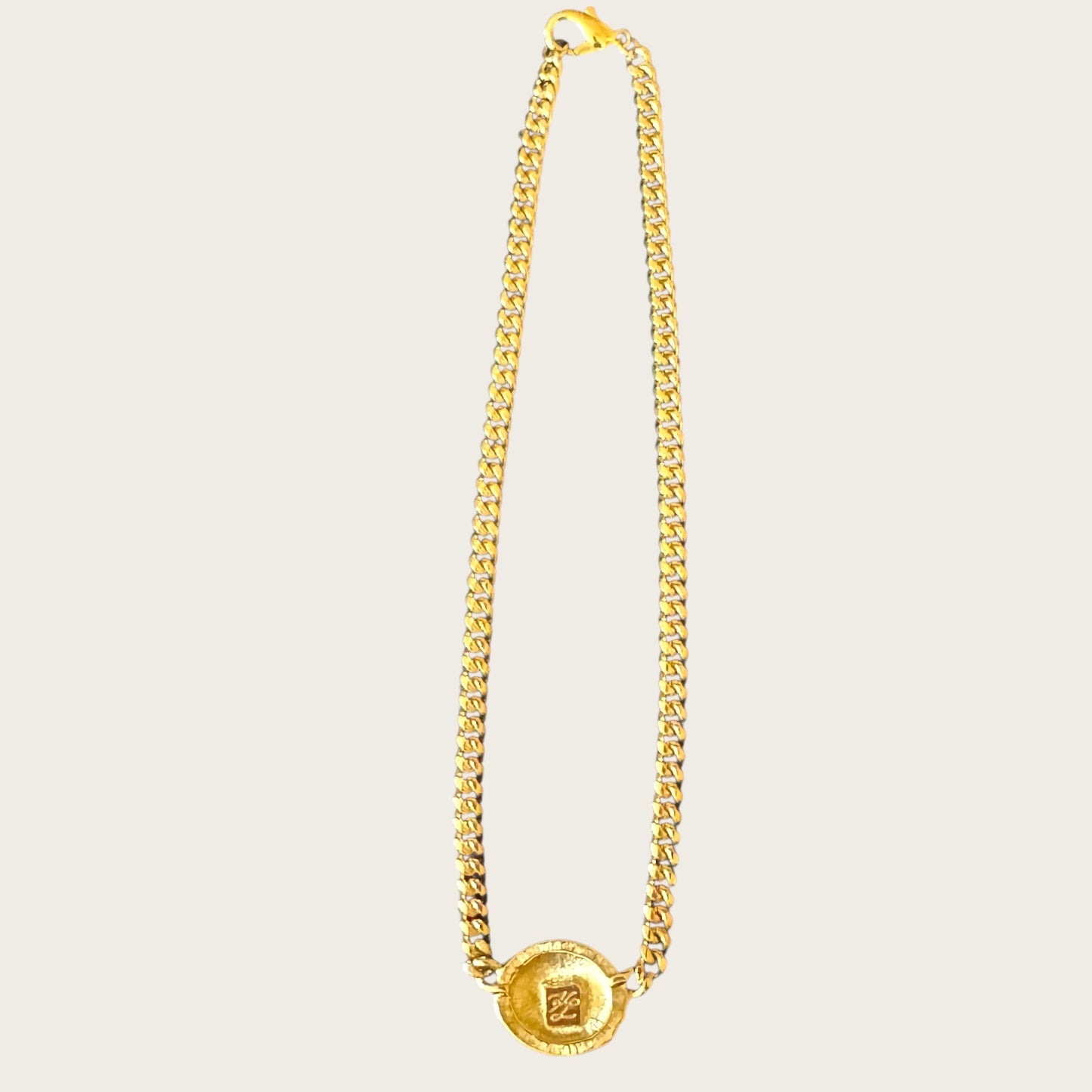 Karl Lagerfeld Couture Medallion Necklace – Signed Gold-Tone Curb Chain with Pavé Rhinestones, 1980s