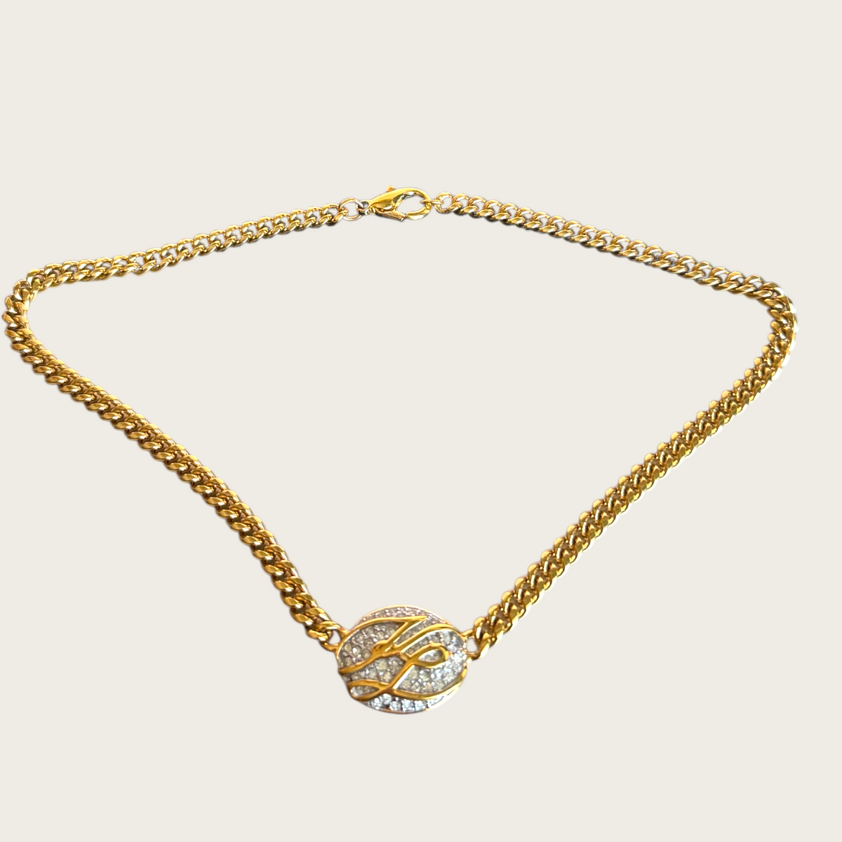 Karl Lagerfeld 1980s Pavé “KL” Medallion Necklace – Signed Gold-Tone Curb Chain