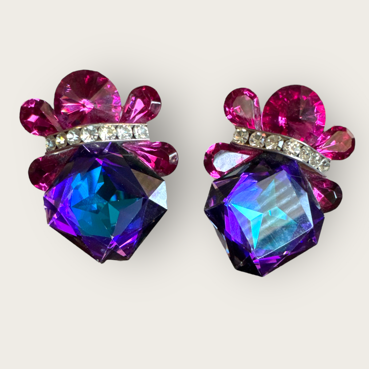 Vintage Nelly Signed Statement Clip-On Earrings – Fuchsia and Violet Faceted Crystal