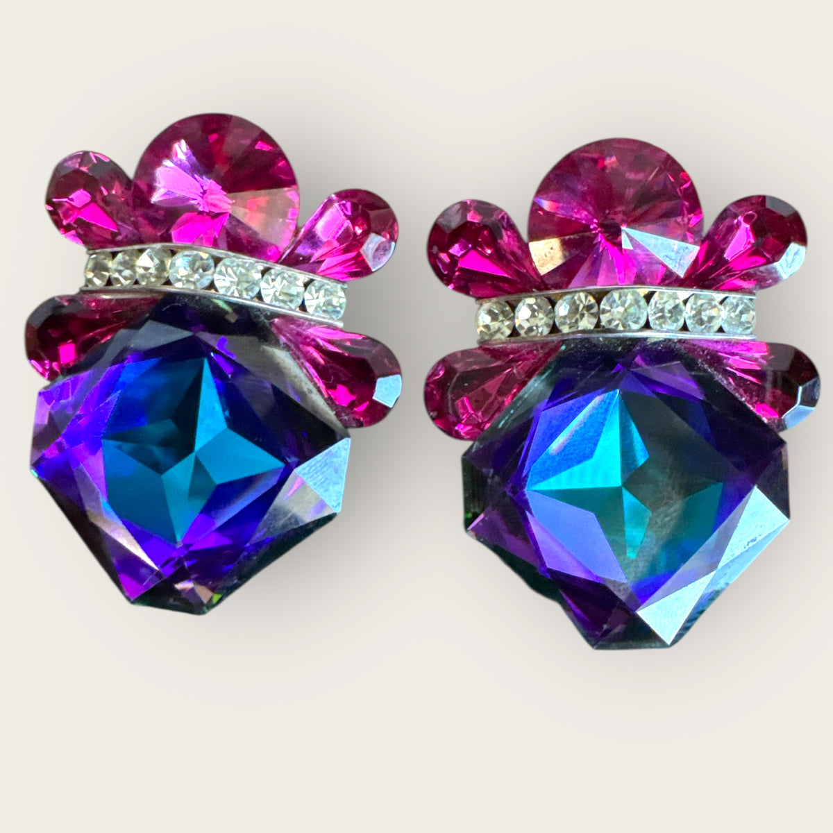 Vintage Nelly Signed Statement Clip-On Earrings – Fuchsia and Violet Faceted Crystal
