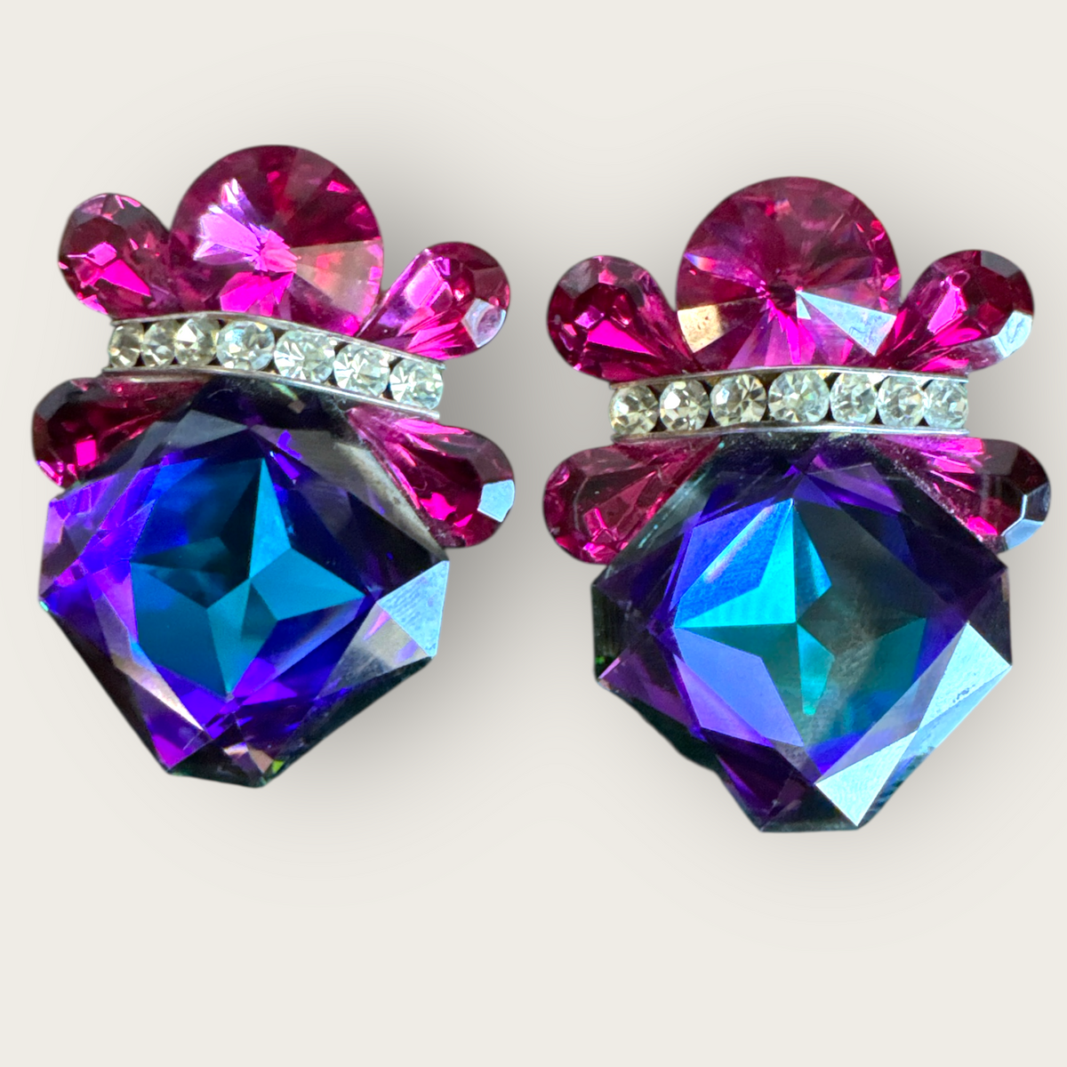 Vintage Nelly Signed Statement Clip-On Earrings – Fuchsia and Violet Faceted Crystal