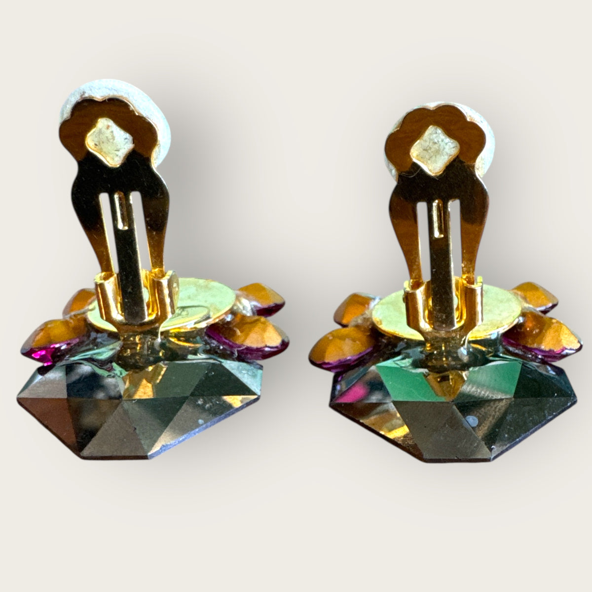 Vintage Nelly Signed Statement Clip-On Earrings – Fuchsia and Violet Faceted Crystal