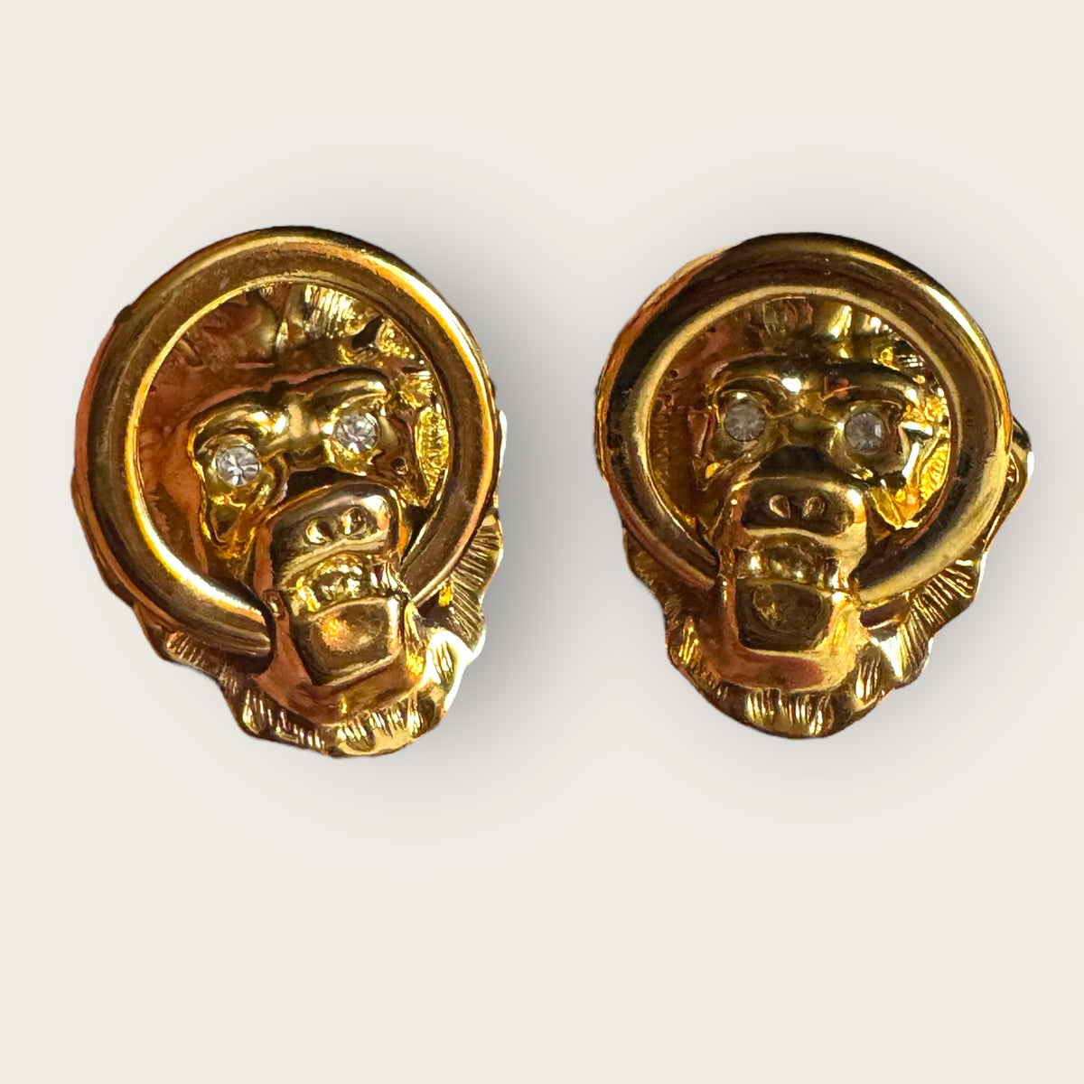Vintage KJL for Avon Lionhead Door Knocker Earrings – Gold Tone Clip-On Statement Jewelry with Rhinestone Eyes