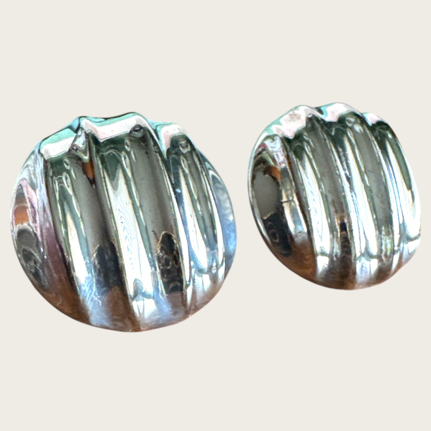 Vintage E. Pearl Silver Plated Ribbed Dome Clip-On Earrings | 1.25 Inch Statement Design