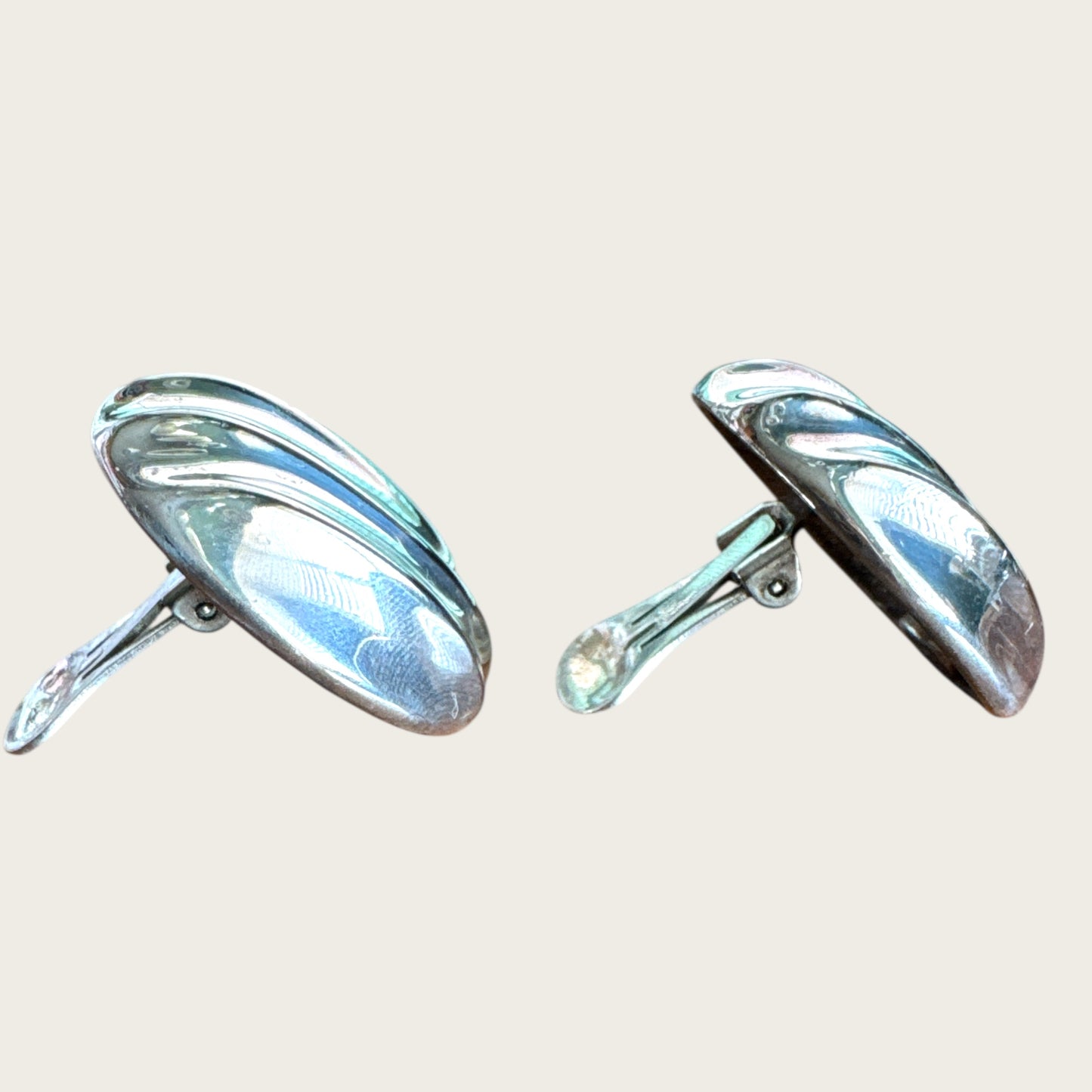 Vintage E. Pearl Silver Plated Ribbed Dome Clip-On Earrings | 1.25 Inch Statement Design