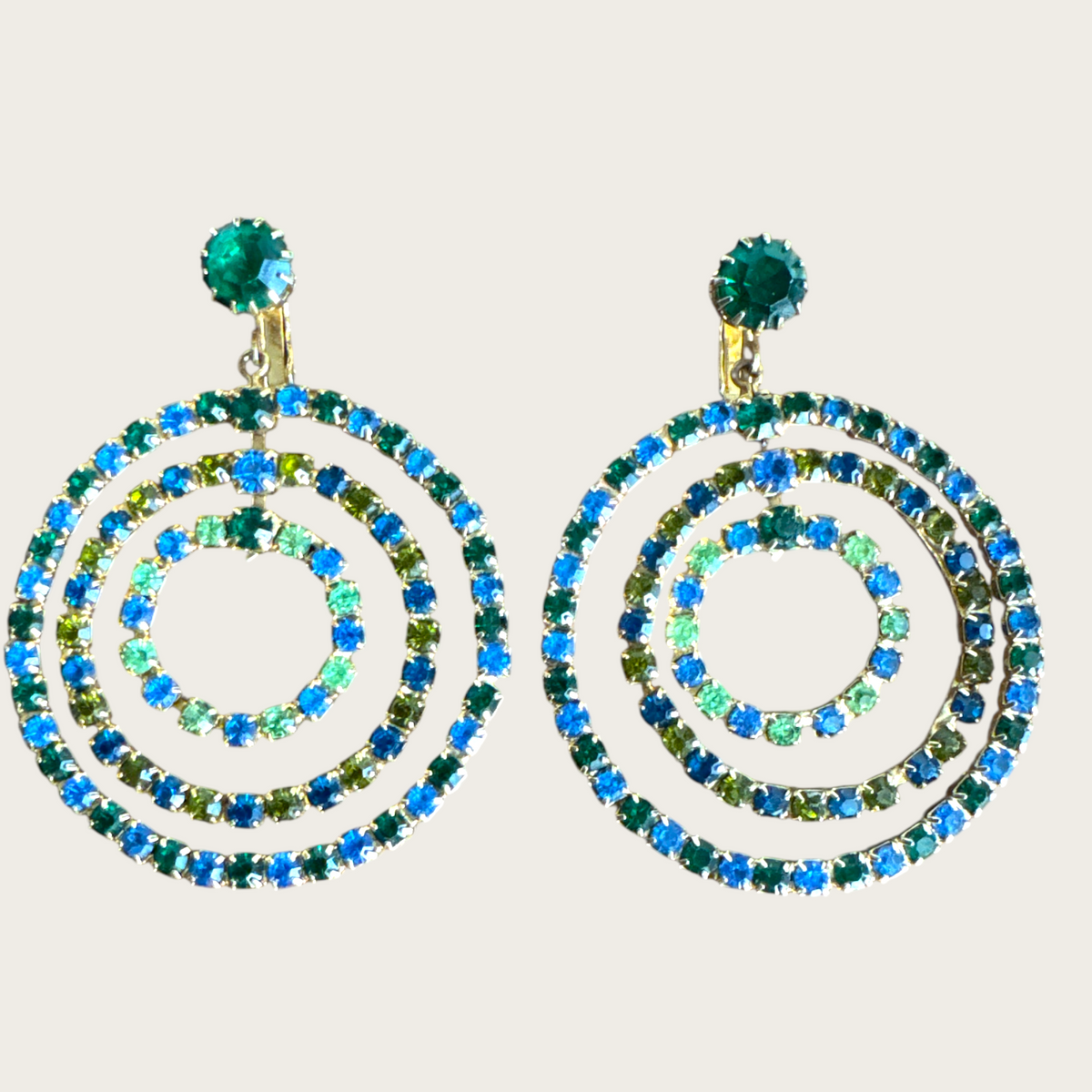 Vintage 1960s–1970s Green & Blue Rhinestone Spiral Clip-On Earrings | Atomic Age Statement Hoops