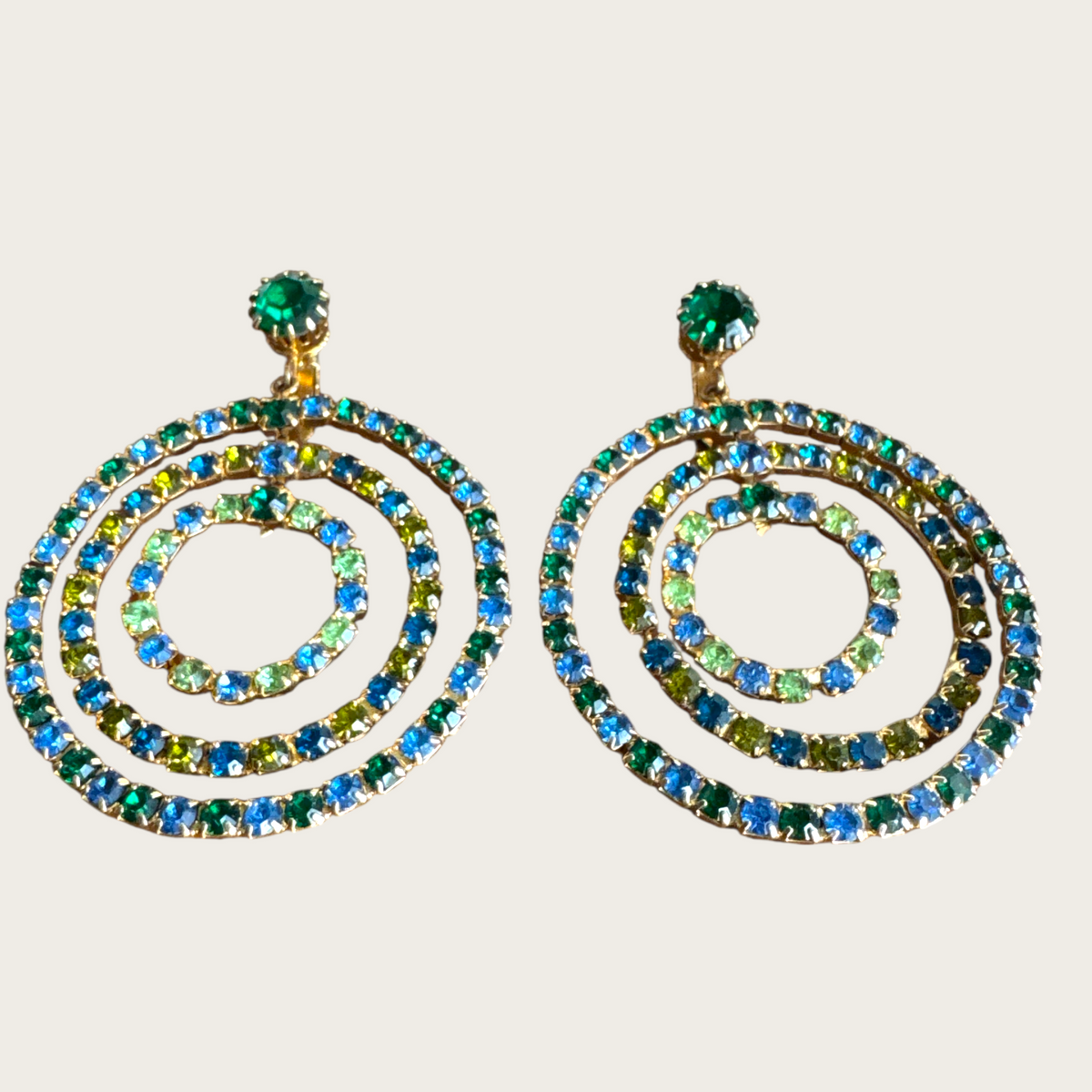 Vintage 1960s–1970s Green & Blue Rhinestone Spiral Clip-On Earrings | Atomic Age Statement Hoops