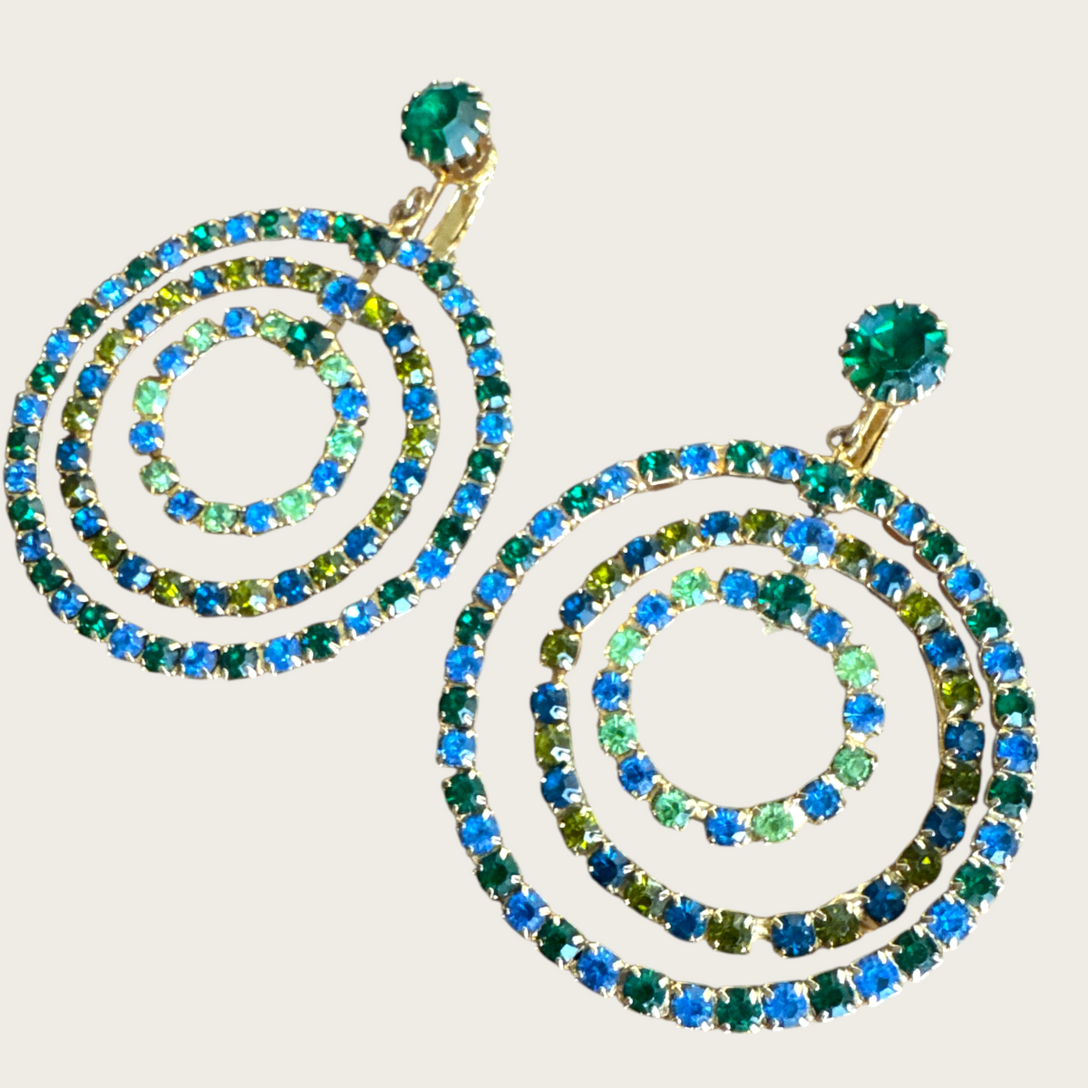 Vintage 1960s–1970s Green & Blue Rhinestone Spiral Clip-On Earrings | Atomic Age Statement Hoops