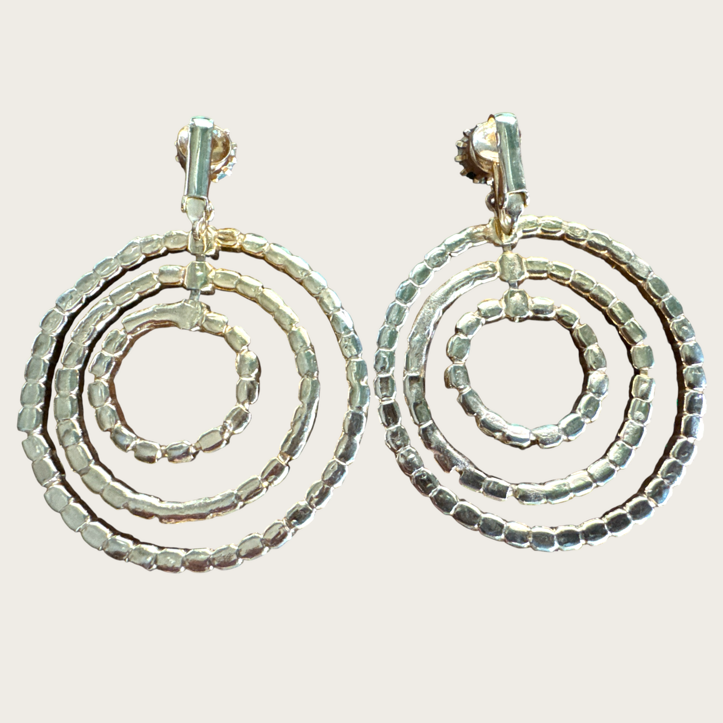 Vintage 1960s–1970s Green & Blue Rhinestone Spiral Clip-On Earrings | Atomic Age Statement Hoops