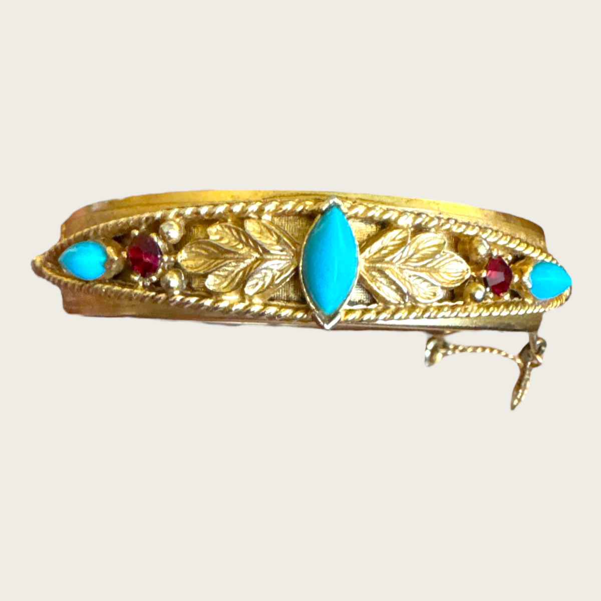 Vintage Florenza Hinged Bangle Bracelet with Glass Turquoise and Red Rhinestones