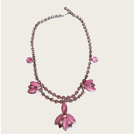 Vintage Pink Satin Glass Moonglow & Rhinestone Choker Necklace – 1950s Statement Jewelry
