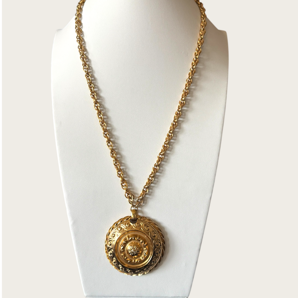 Signed Napier Gold-Tone Domed Medallion Necklace with Twisted Rope Edge | Vintage 1970s Renaissance Revival Statement Jewelry