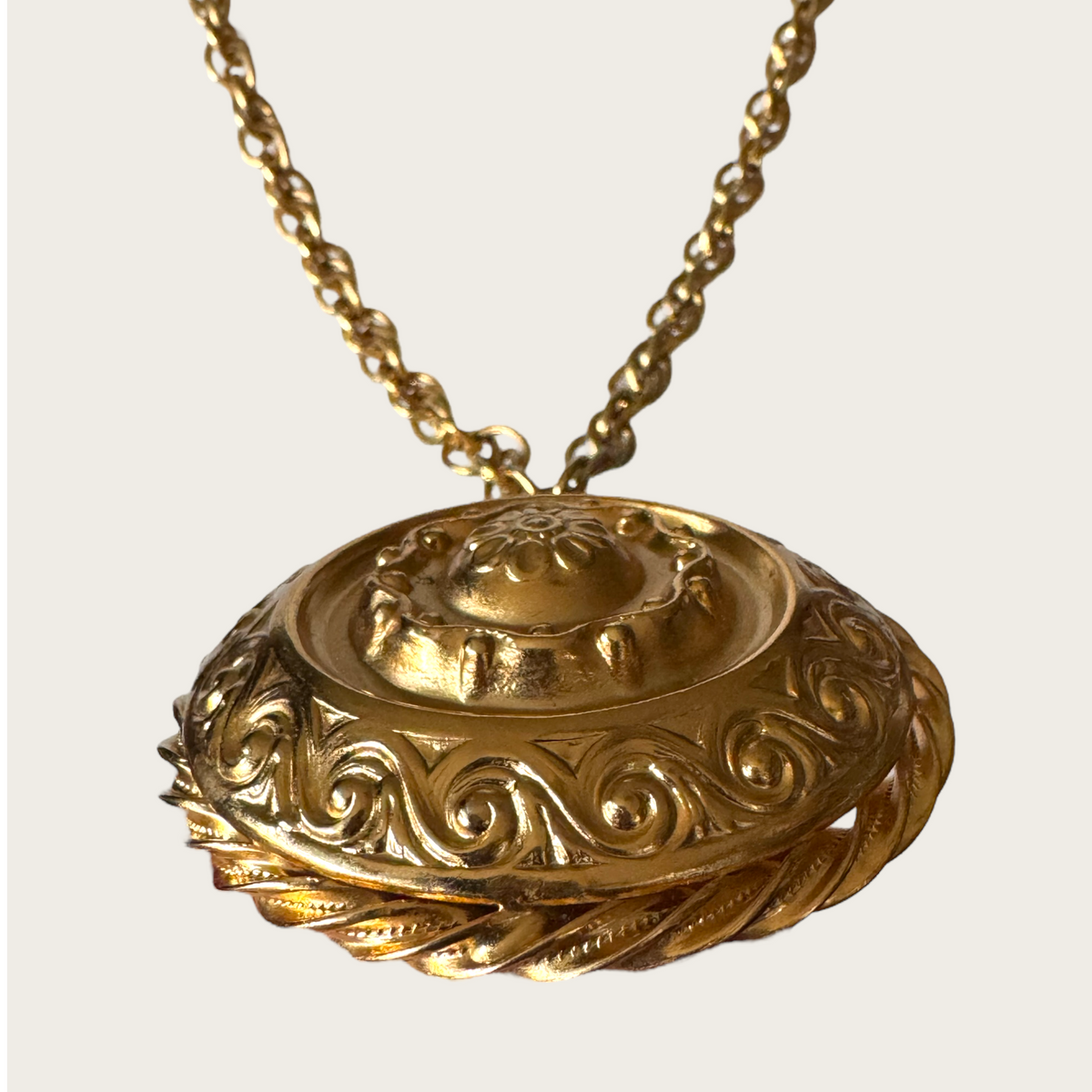 Signed Napier Gold-Tone Domed Medallion Necklace with Twisted Rope Edge | Vintage 1970s Renaissance Revival Statement Jewelry