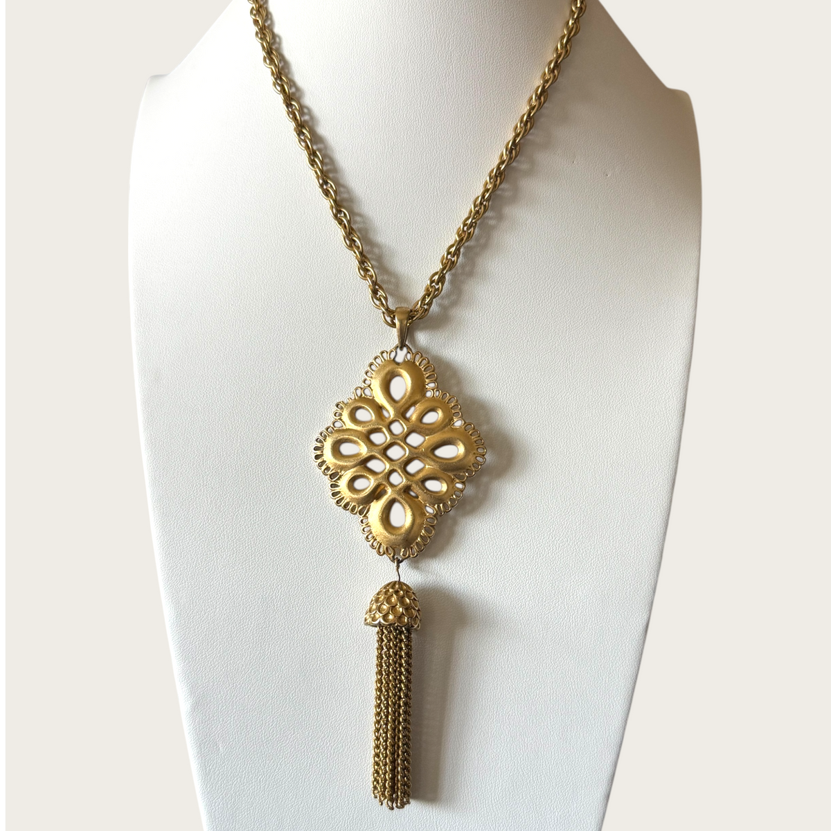 Vintage E. Pearl Gold-Tone Medallion Tassel Necklace | 1960s–1970s Statement Jewelry