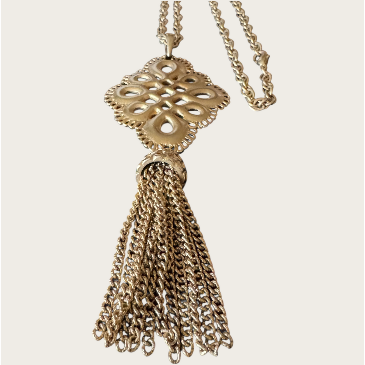 Vintage E. Pearl Gold-Tone Medallion Tassel Necklace | 1960s–1970s Statement Jewelry