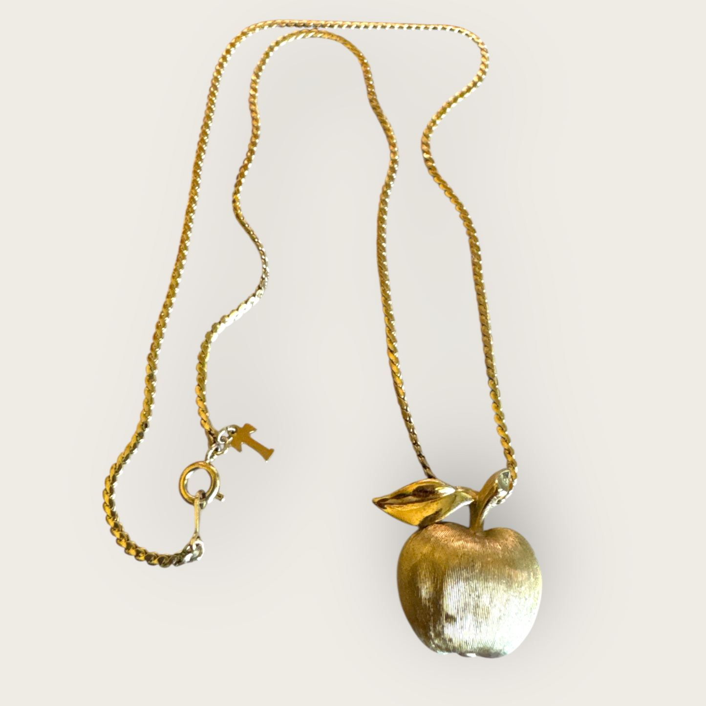Crown Trifari Signed Petite Gold Tone Apple Pendant Necklace with Textured Finish