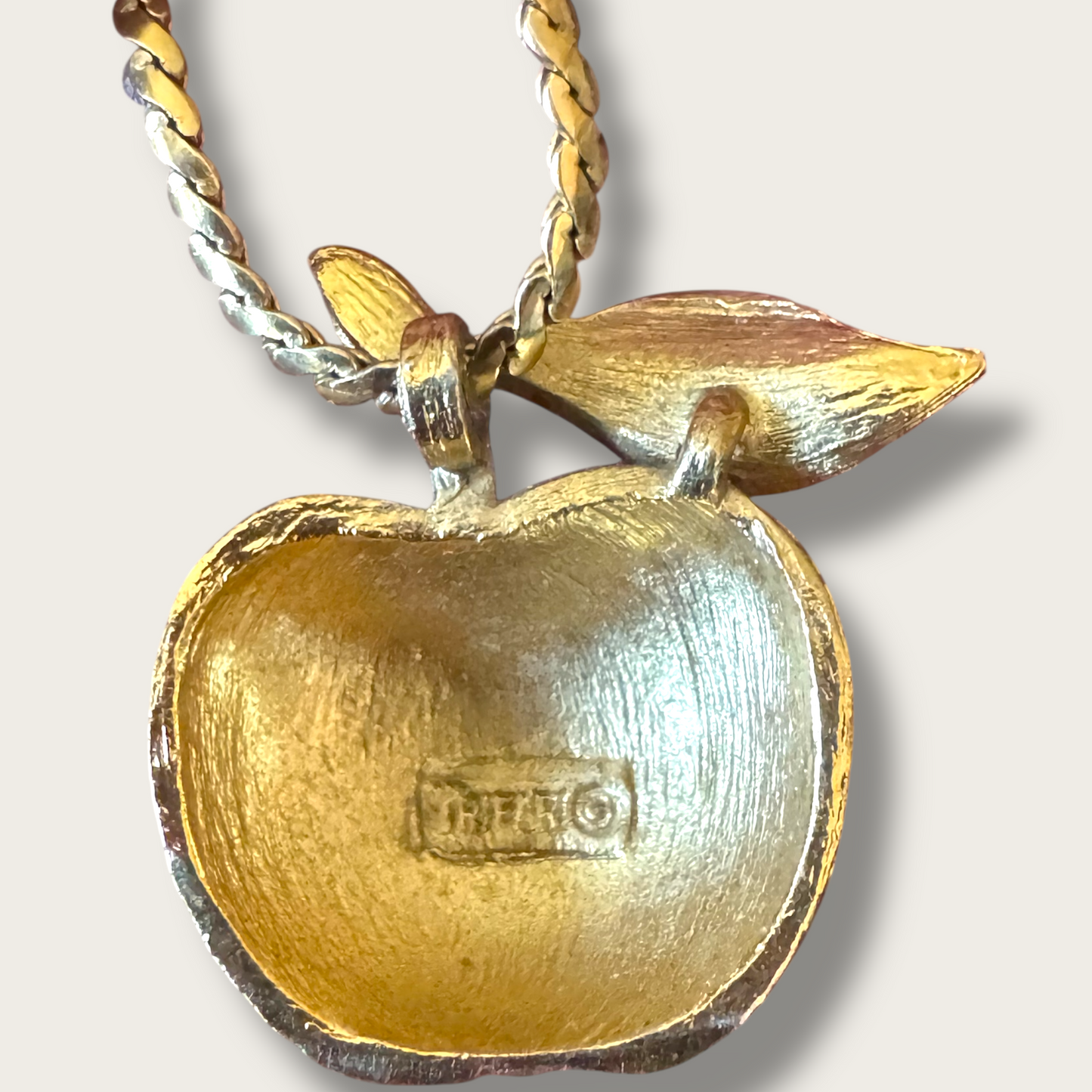 Crown Trifari Signed Petite Gold Tone Apple Pendant Necklace with Textured Finish