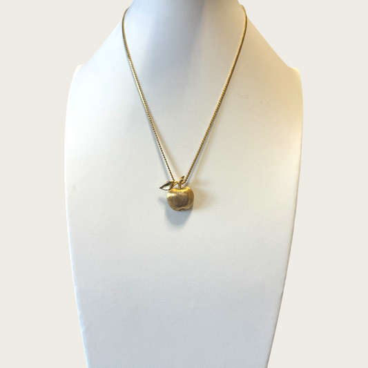 Crown Trifari Signed Petite Gold Tone Apple Pendant Necklace with Textured Finish