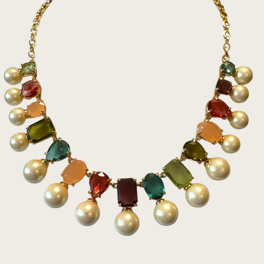 Retired Kate Spade New York Signed Gumdrop Gem Multicolor Stone and Faux Pearl Statement Necklace