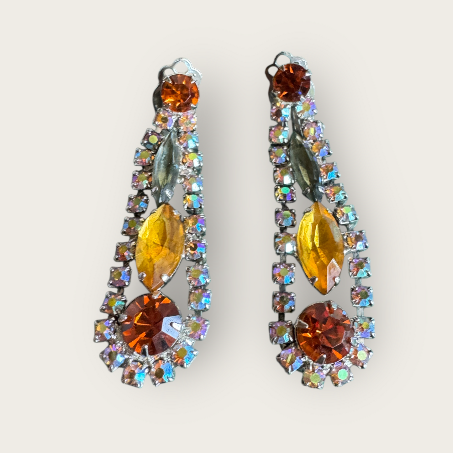 Juliana Verified Book Piece Dangle Earrings with Topaz, Amber, and Aurora Borealis Rhinestones | Silver Tone