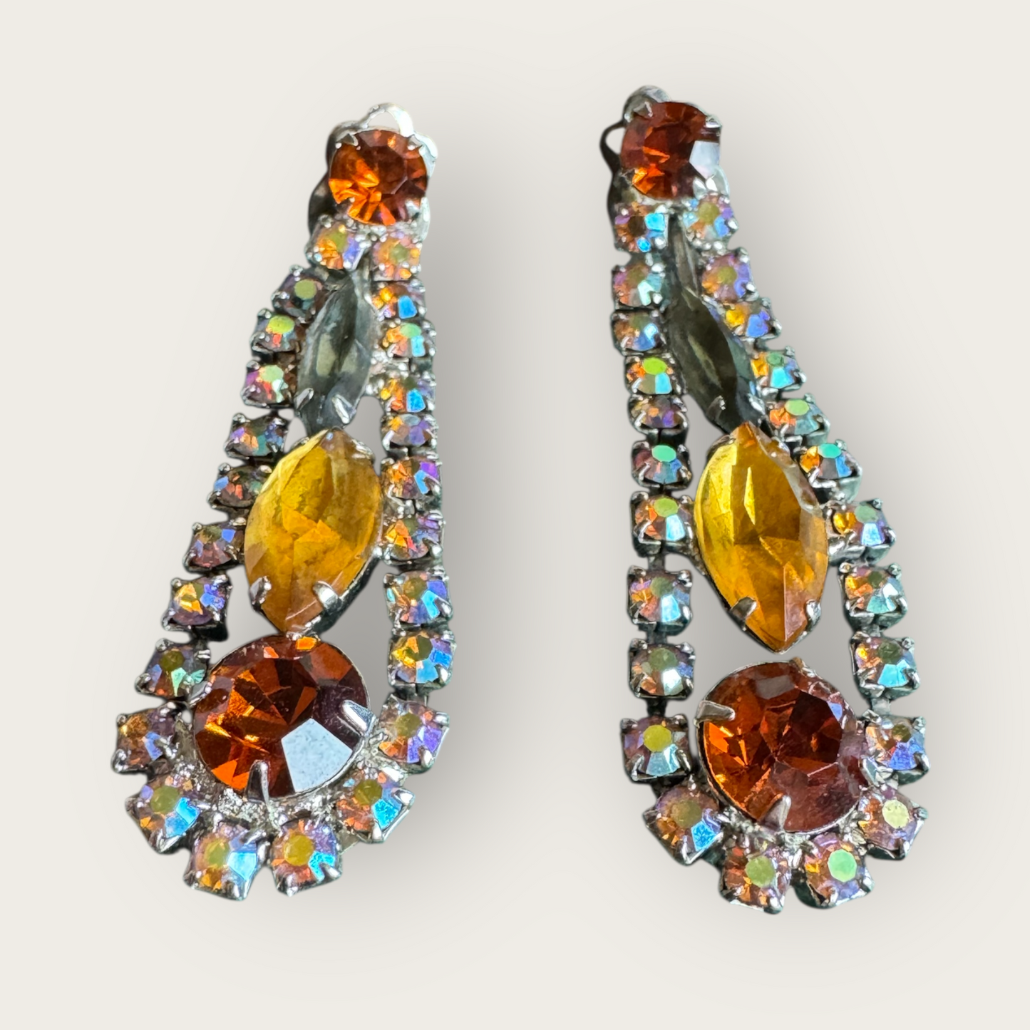 Juliana Verified Book Piece Dangle Earrings with Topaz, Amber, and Aurora Borealis Rhinestones | Silver Tone