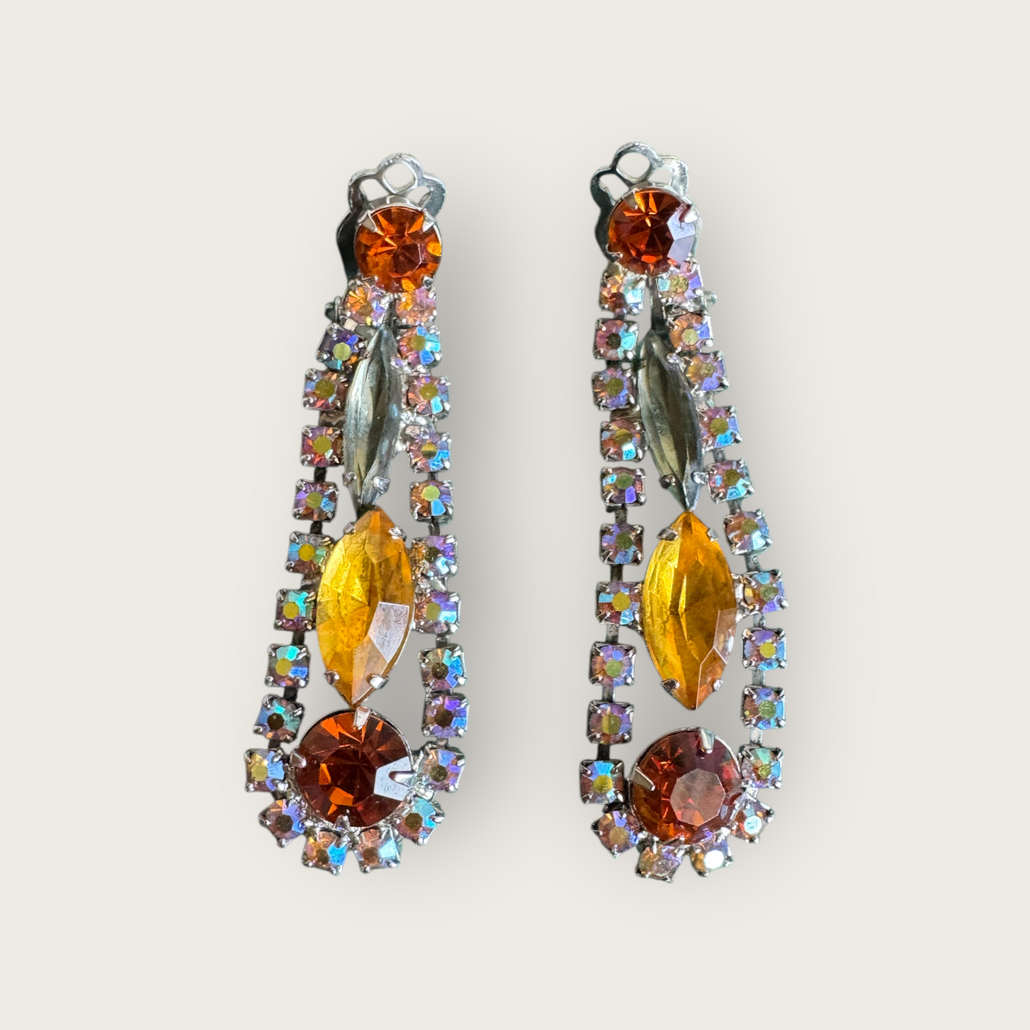 Juliana Verified Book Piece Dangle Earrings with Topaz, Amber, and Aurora Borealis Rhinestones | Silver Tone