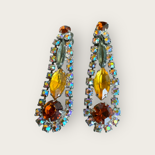 Juliana Verified Book Piece Dangle Earrings with Topaz, Amber, and Aurora Borealis Rhinestones | Silver Tone