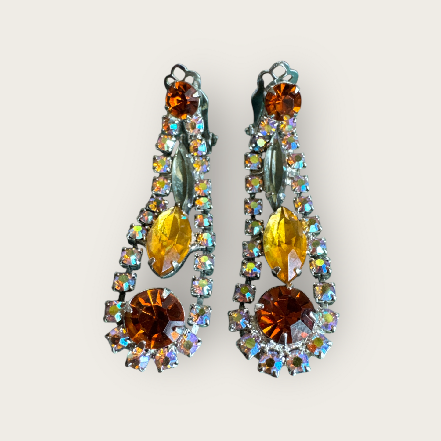 Juliana Verified Book Piece Dangle Earrings with Topaz, Amber, and Aurora Borealis Rhinestones | Silver Tone