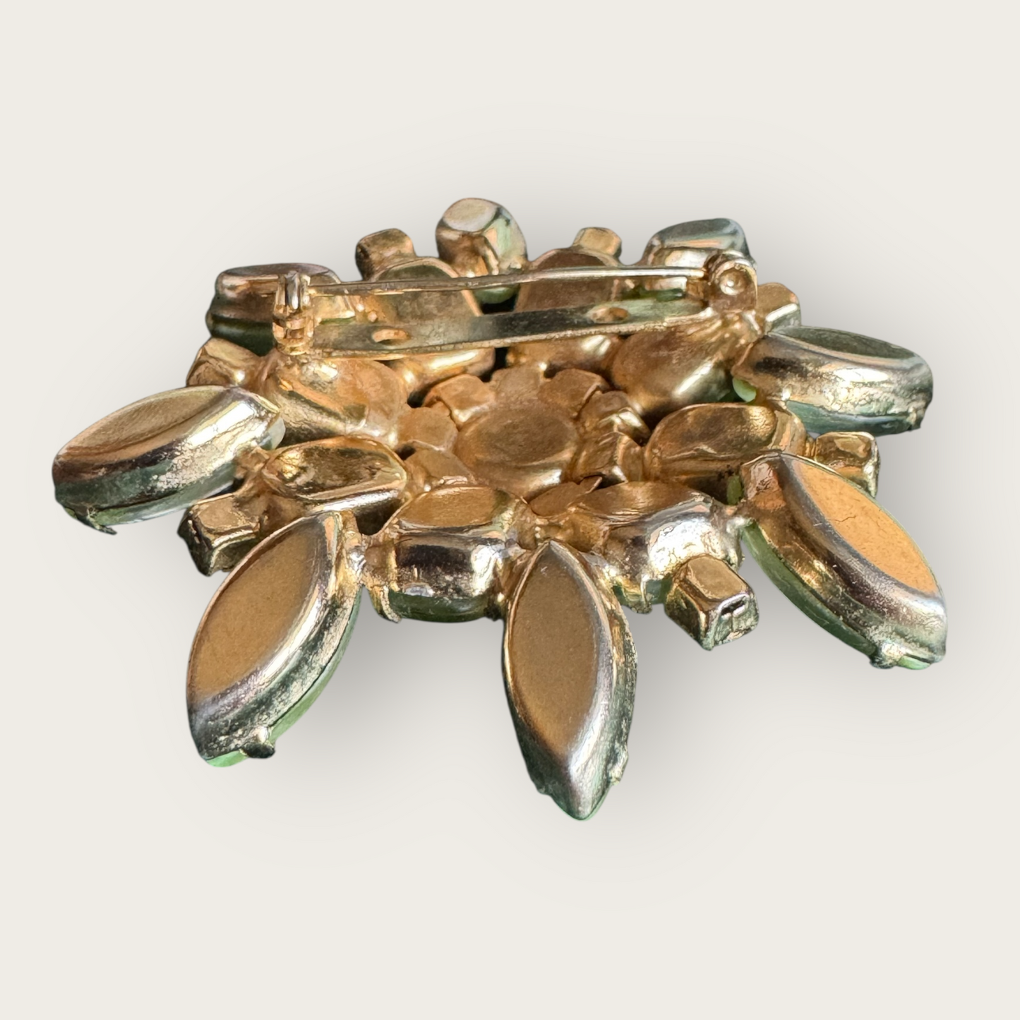 Vintage Green Cat’s Eye Glass and Canary Rhinestone Domed Floral Brooch, Mid-Century Costume Jewelry
