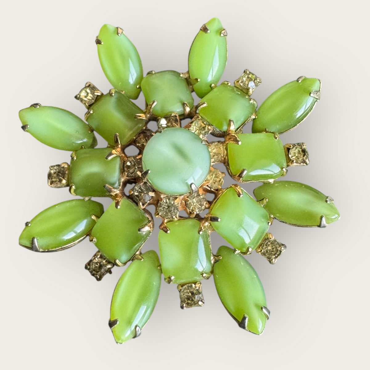 Vintage Green Cat’s Eye Glass and Canary Rhinestone Domed Floral Brooch, Mid-Century Costume Jewelry