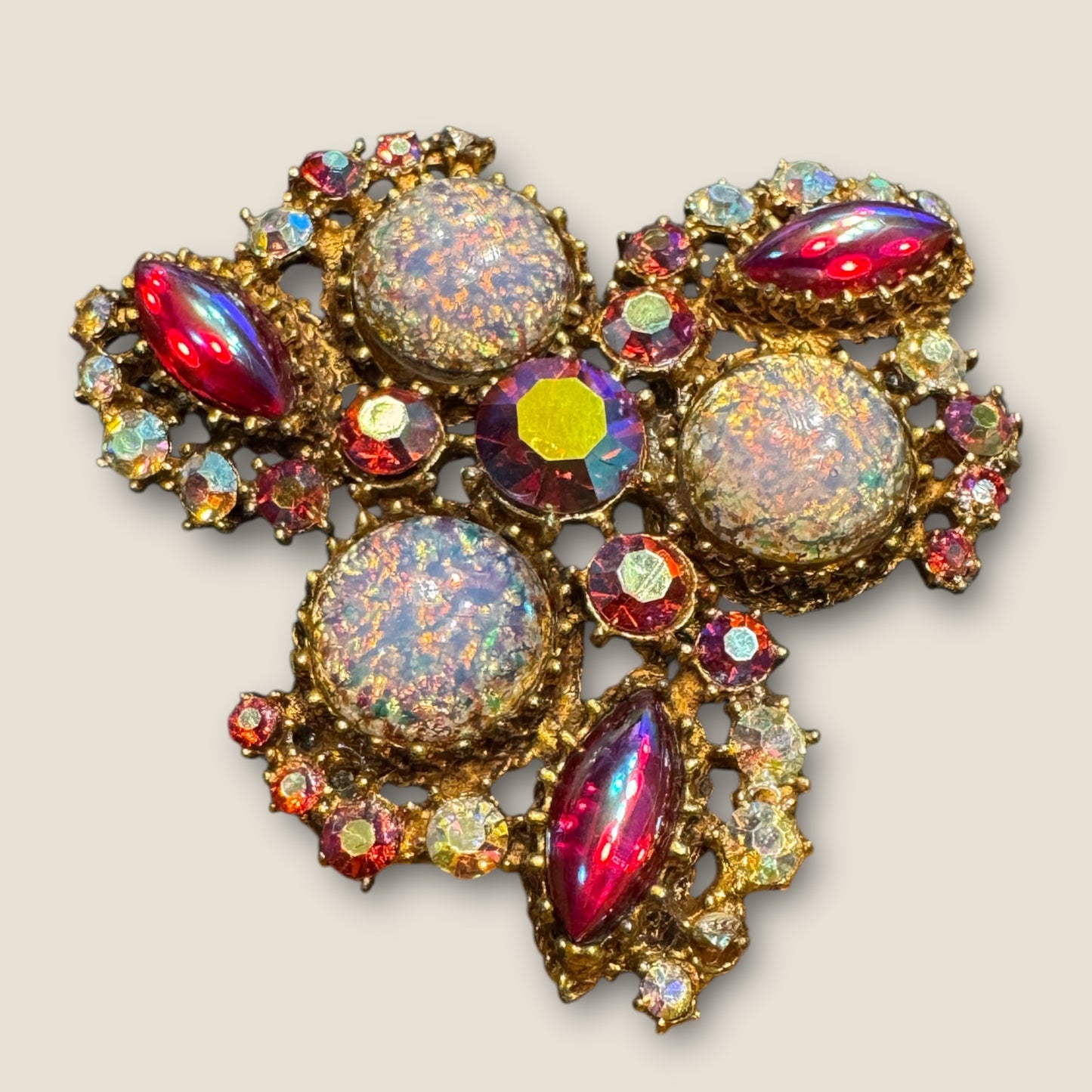 Vintage Confetti Lava Glass Cabochon & Aurora Borealis Rhinestone Brooch – Mid-Century Designer Statement | Private Collection
