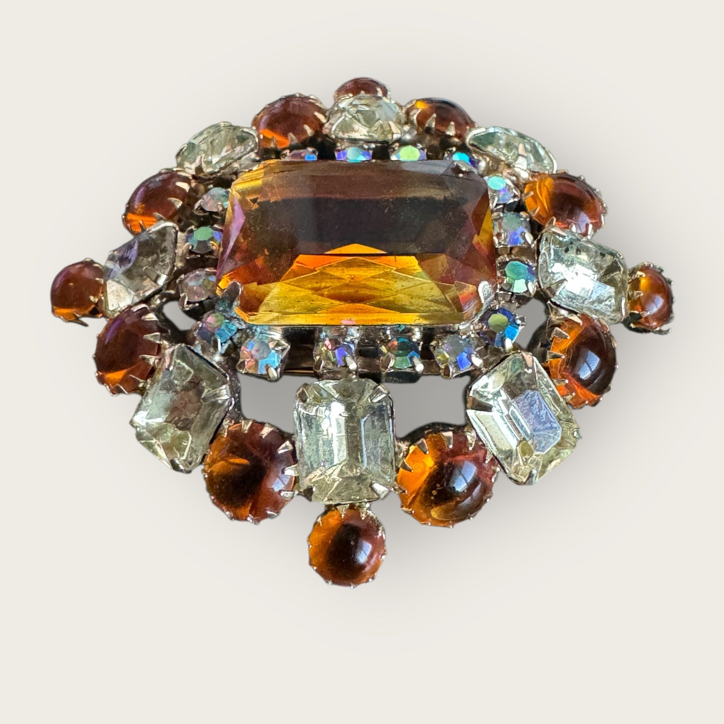 Vintage Amber & Lemon Rhinestone Statement Brooch with Aurora Borealis Halo | Mid-Century Unsigned