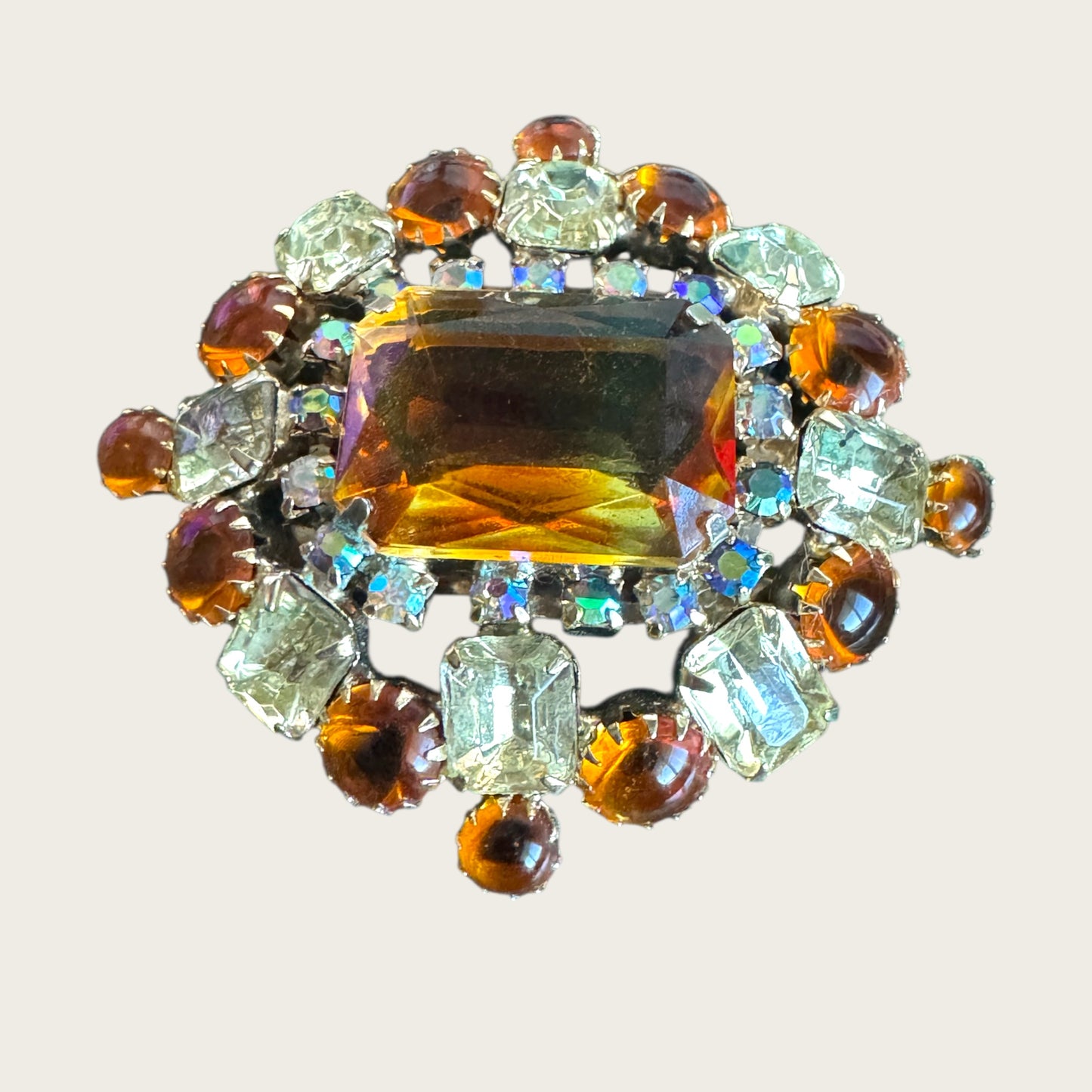 Vintage Amber & Lemon Rhinestone Statement Brooch with Aurora Borealis Halo | Mid-Century Unsigned
