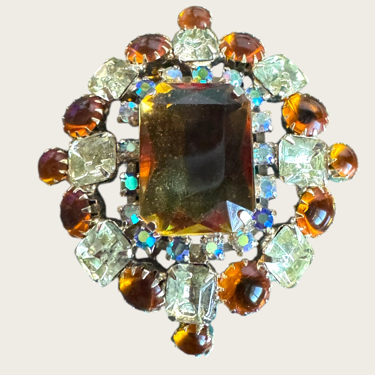 Vintage Amber & Lemon Rhinestone Statement Brooch with Aurora Borealis Halo | Mid-Century Unsigned